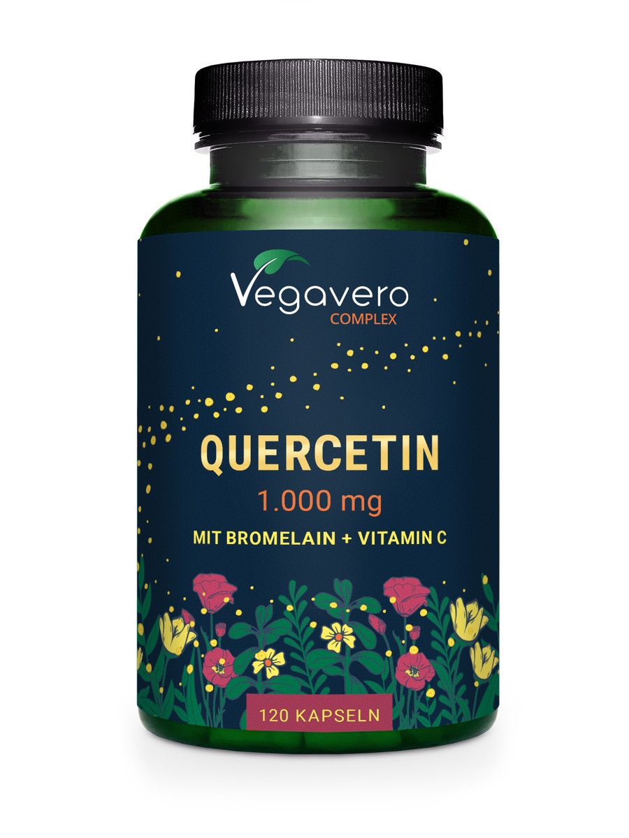 Dunkelgrüne Flasche mit schwarzem Deckel. Aufschrift: VEGAVERO COMPLEX, QUERCETIN 1.000 mg, MIT BROMELAIN + VITAMIN C, 120 Kapseln.