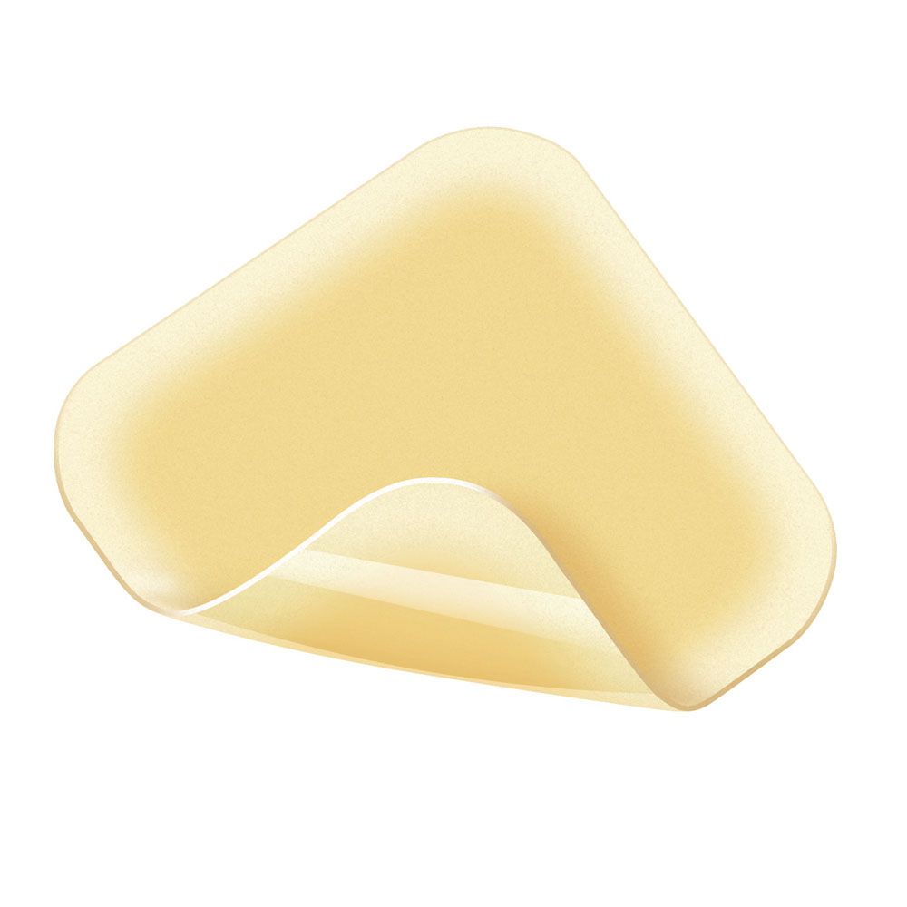 Hydrocoll Classic Wundverband, quadratische Form mit abgerundeten Ecken. Beige Farbe. Teilweise abgezogen, um die Innenseite zu zeigen.