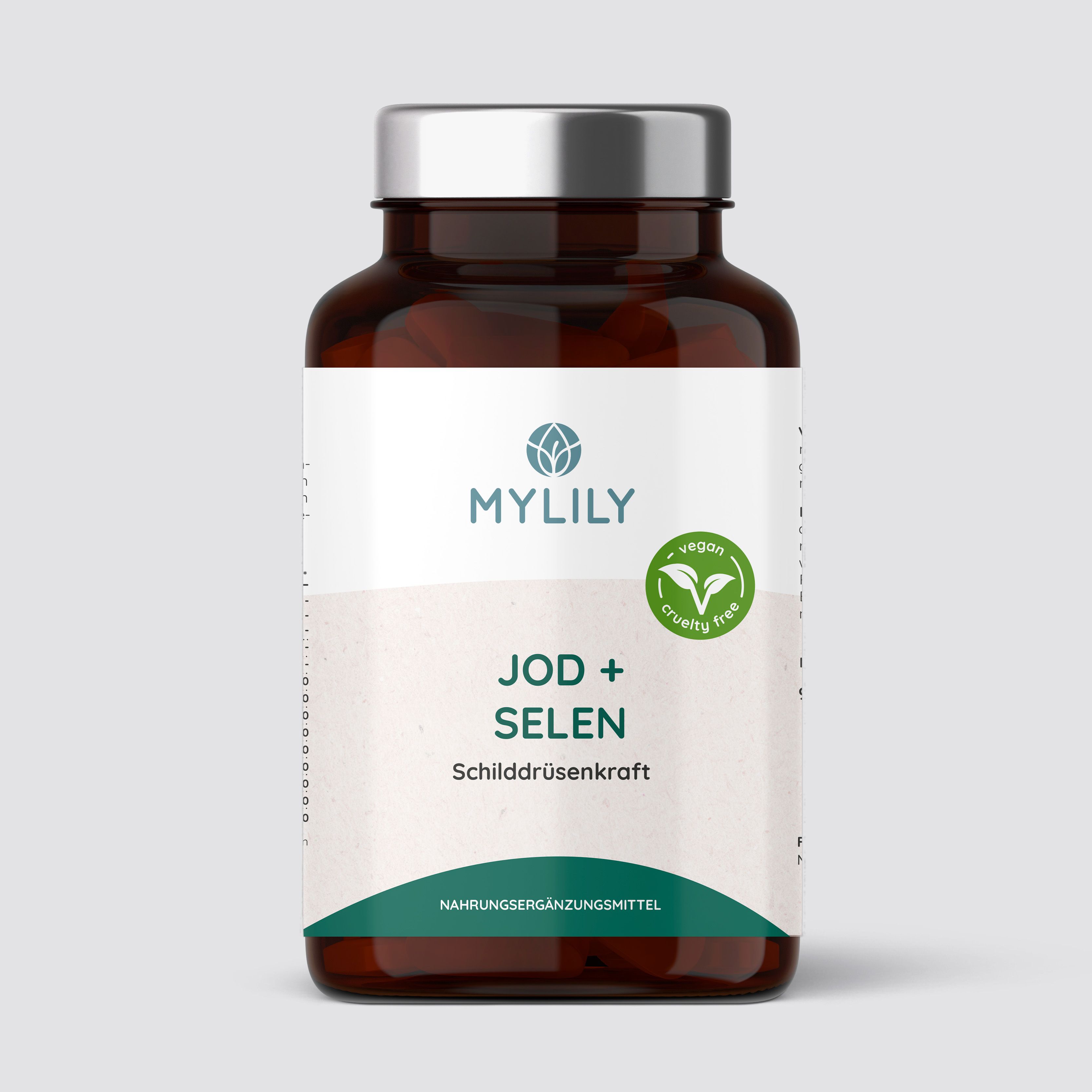 Braune Flasche mit MYLILY Jod + Selen Schilddrüsenkraft. Vegan-Siegel. Weißes Etikett mit grünen und blauen Akzenten.