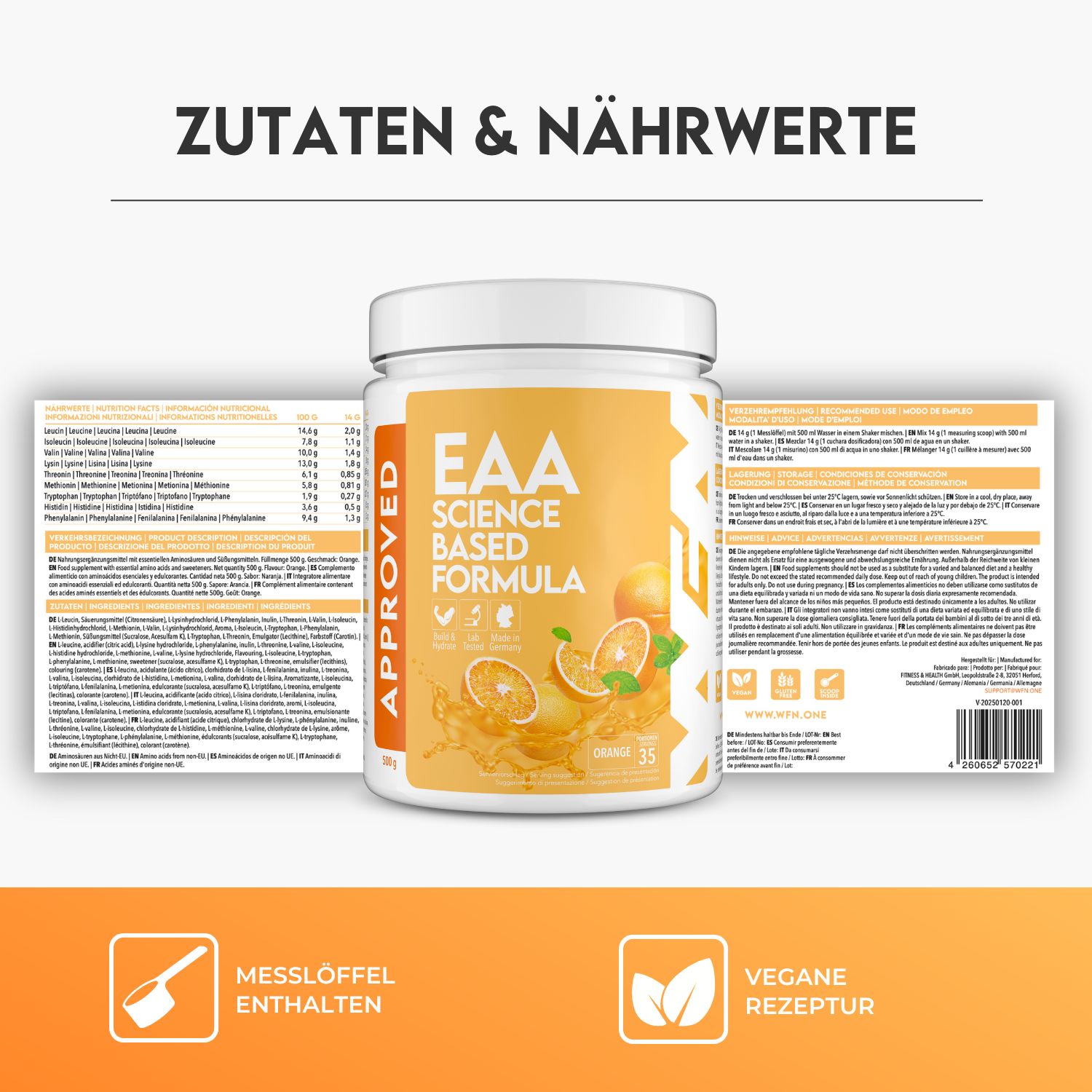 Weißes Produktglas mit gelbem Etikett. Aufschrift: EAA Science Based Formula. Text: Messlöffel enthalten, vegane Rezeptur. Nährwertangaben auf Etiketten.