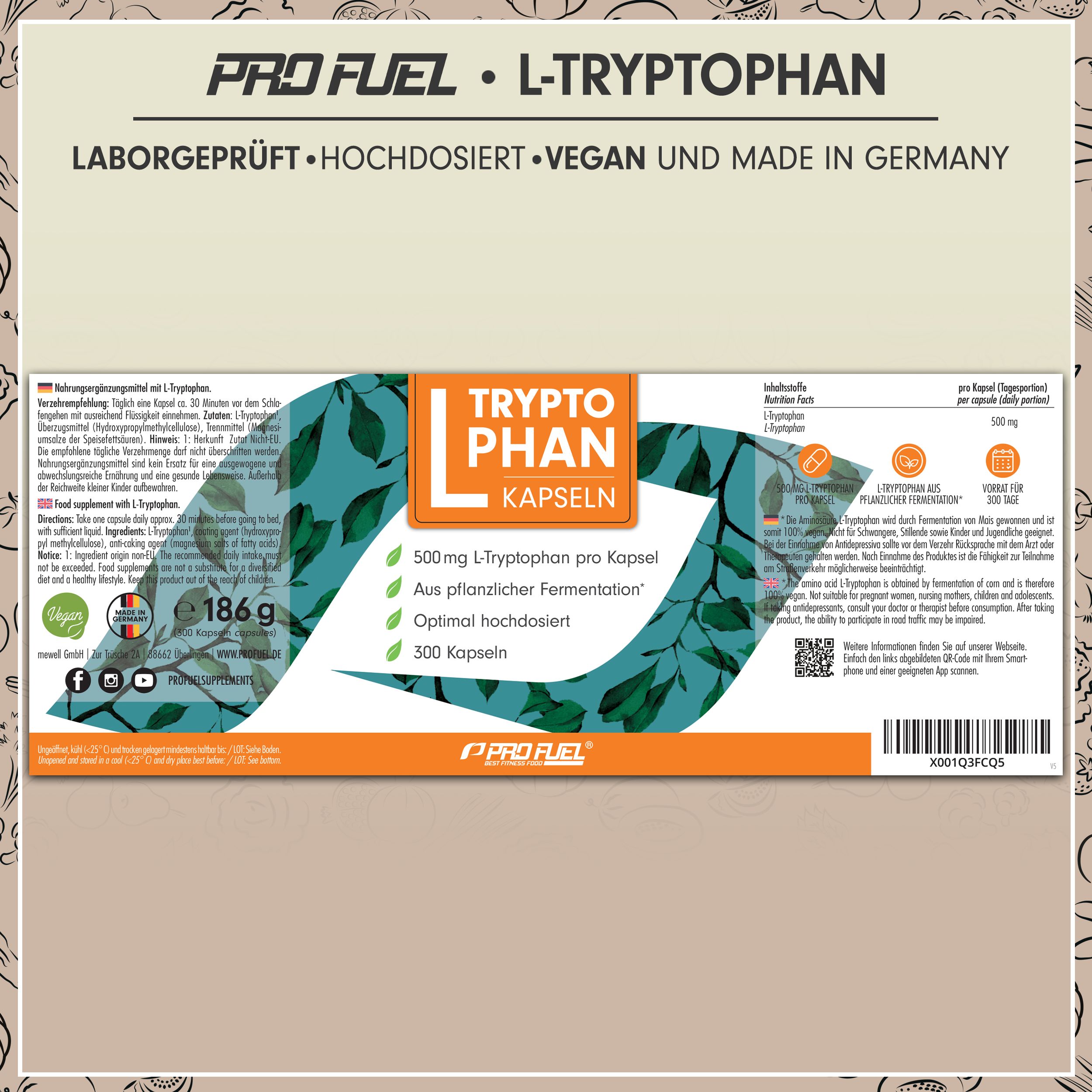 Produktverpackung mit Aufschrift: L-Tryptophan Kapseln, 500mg. Enthält 300 Kapseln. Informationen zu Inhaltsstoffen und Anwendung.