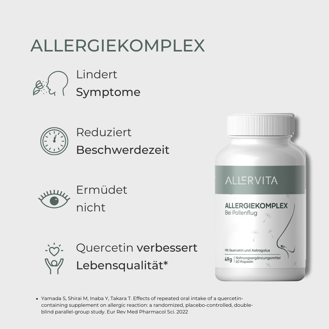 Weiße Tablettenflasche mit ALLERVITA-Logo. Text: Lindert Symptome, Reduziert Beschwerdezeit, Ermüdet nicht, Quercetin verbessert Lebensqualität.