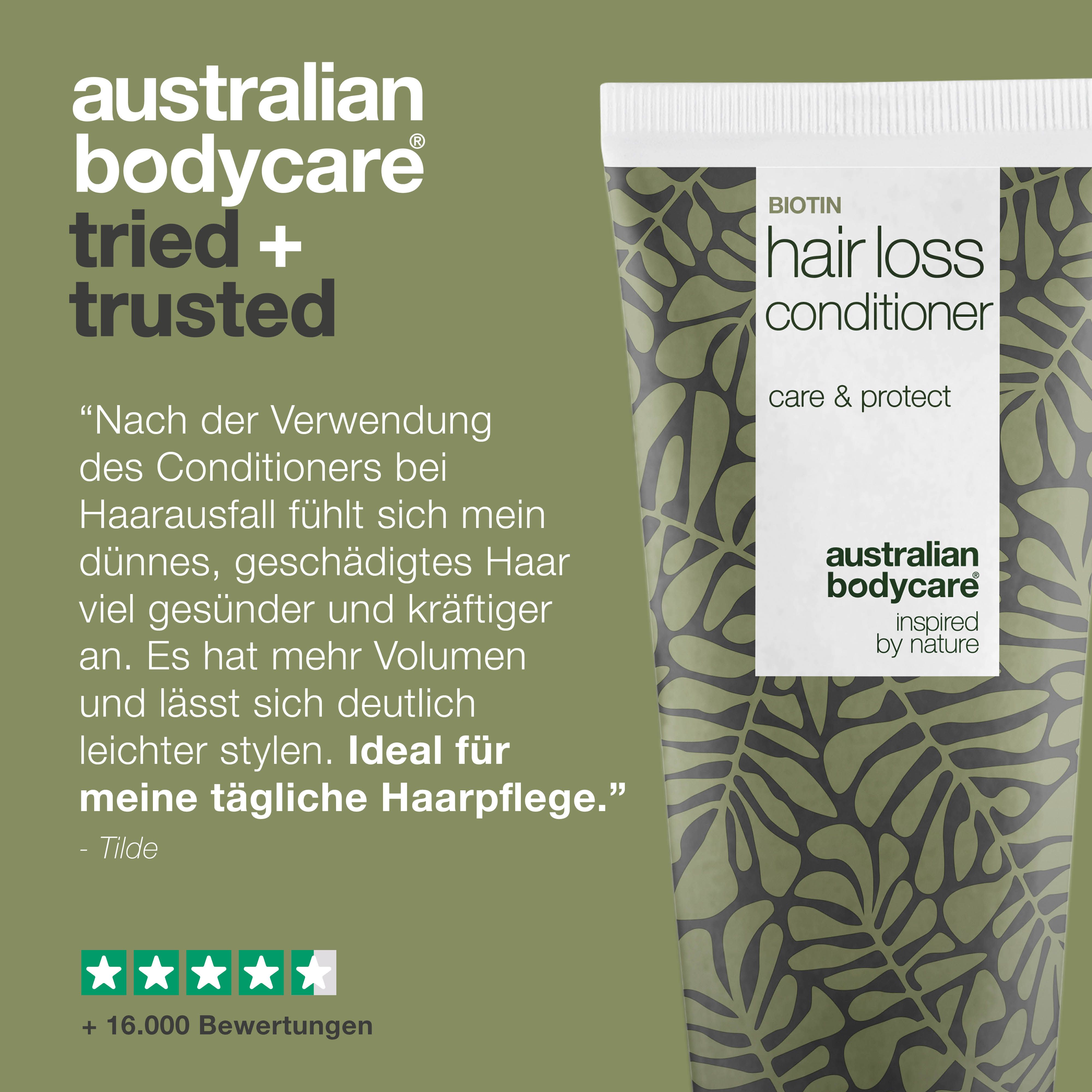Australian Bodycare. Tube Conditioner. Zitat: Nach der Verwendung... fühlt sich mein Haar gesünder an.
