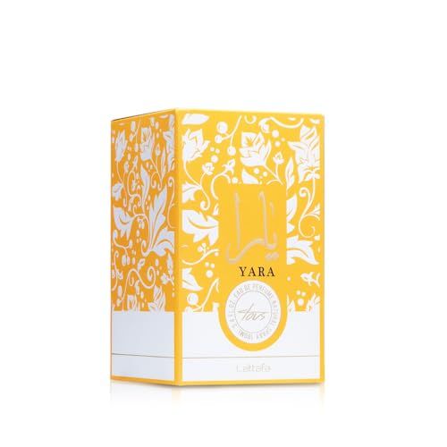 Gelbe Verpackung von Yara Tous Eau de Parfum. Floral-Design. Weißer Hintergrund. Schriftzug Yara.