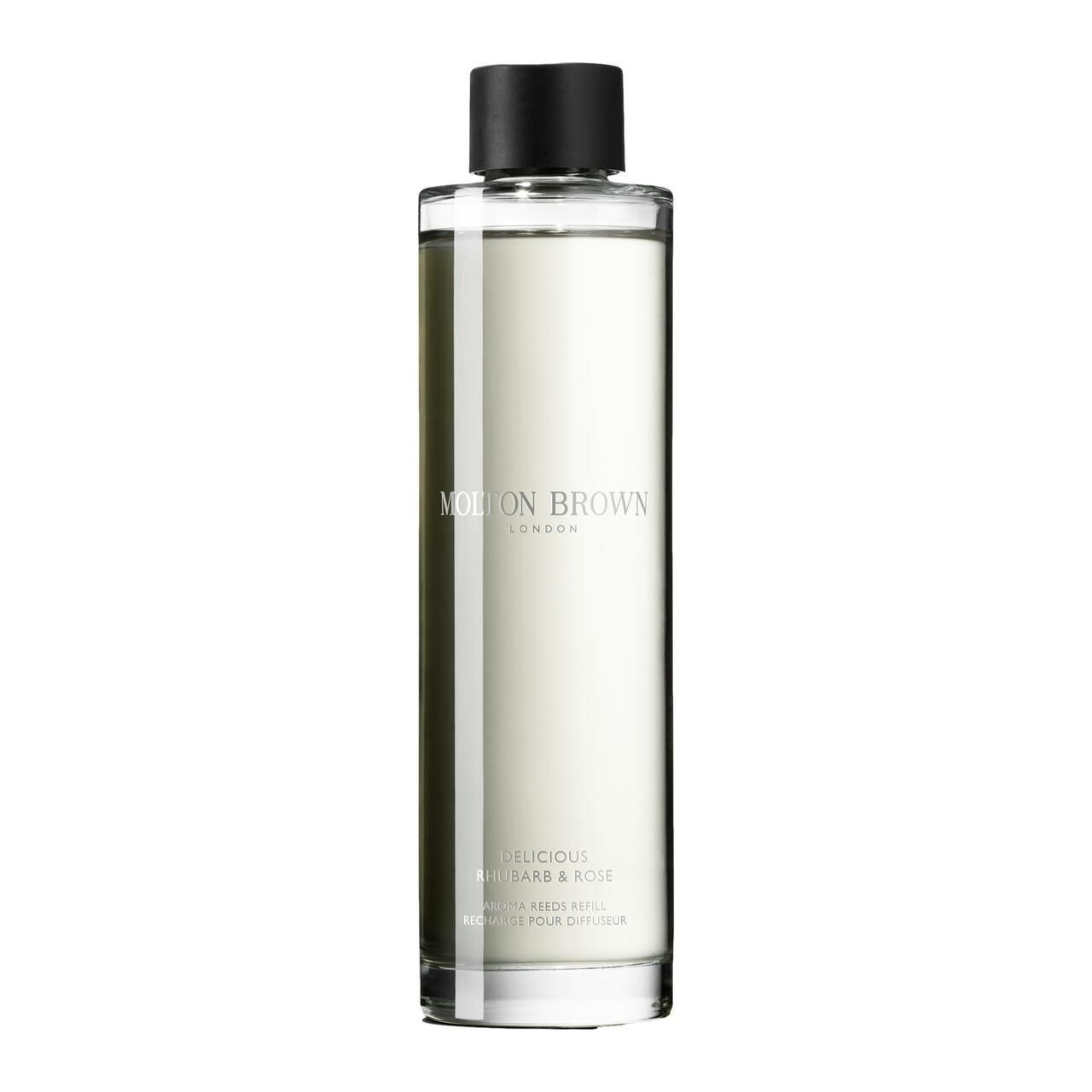Molton Brown Rhubarb & Rose Aroma-Nachfüllung in klarer Glasflasche mit schwarzem Deckel.
