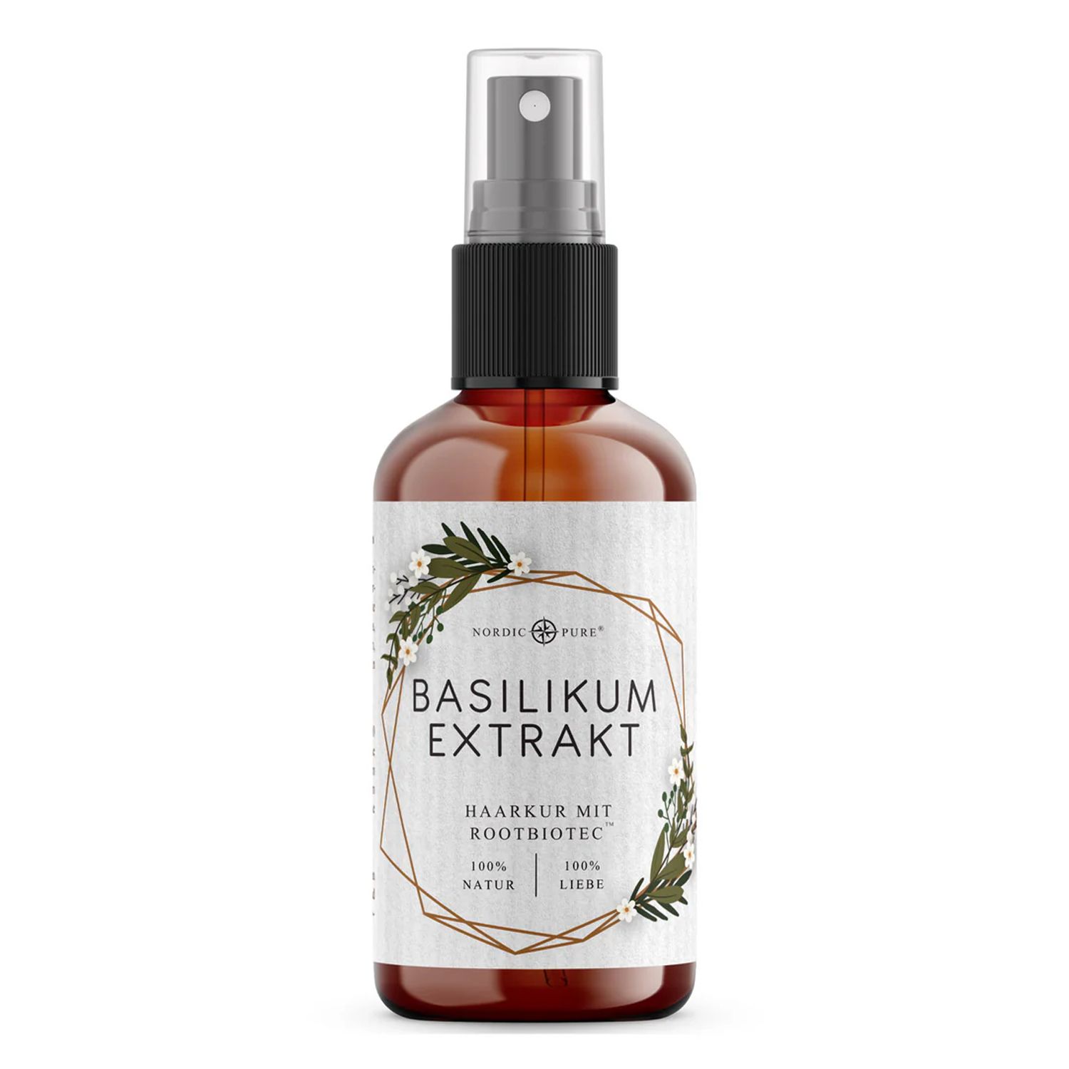 Braune Sprühflasche mit "Basilikum Extrakt Haarkur mit Rootbiotec" Etikett, 100% Natur, 100% Liebe.