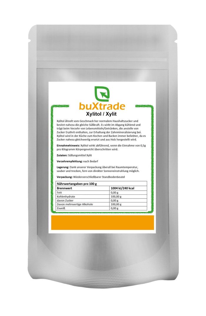 Beutel mit Xylitol. Aufdruck: buXtrade, Xylitol/Xylit, Nährwertangaben. Wiederverschließbarer Standbodenbeutel.