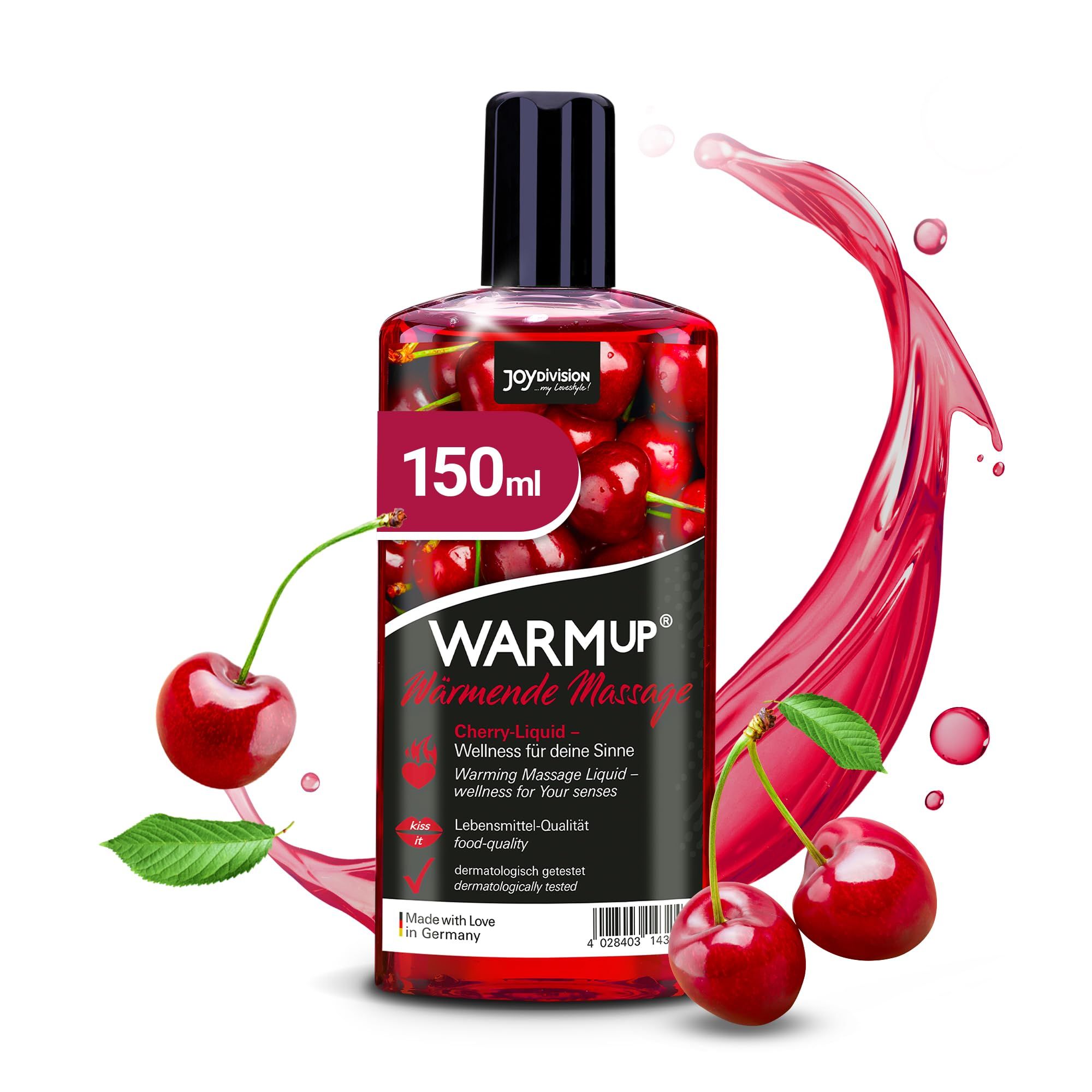 Flasche mit Kirsch-Massageöl, 150ml, mit Kirschen und Spritzern.