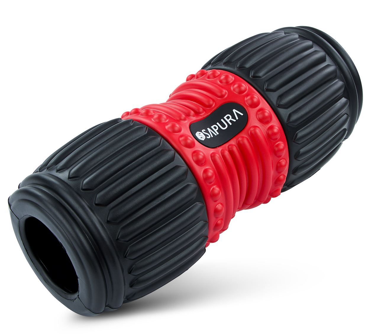Schwarze und rote Massagerolle. Mittlerer Teil rot mit Noppen, Enden schwarz mit Rillen. Logo SAPURA.
