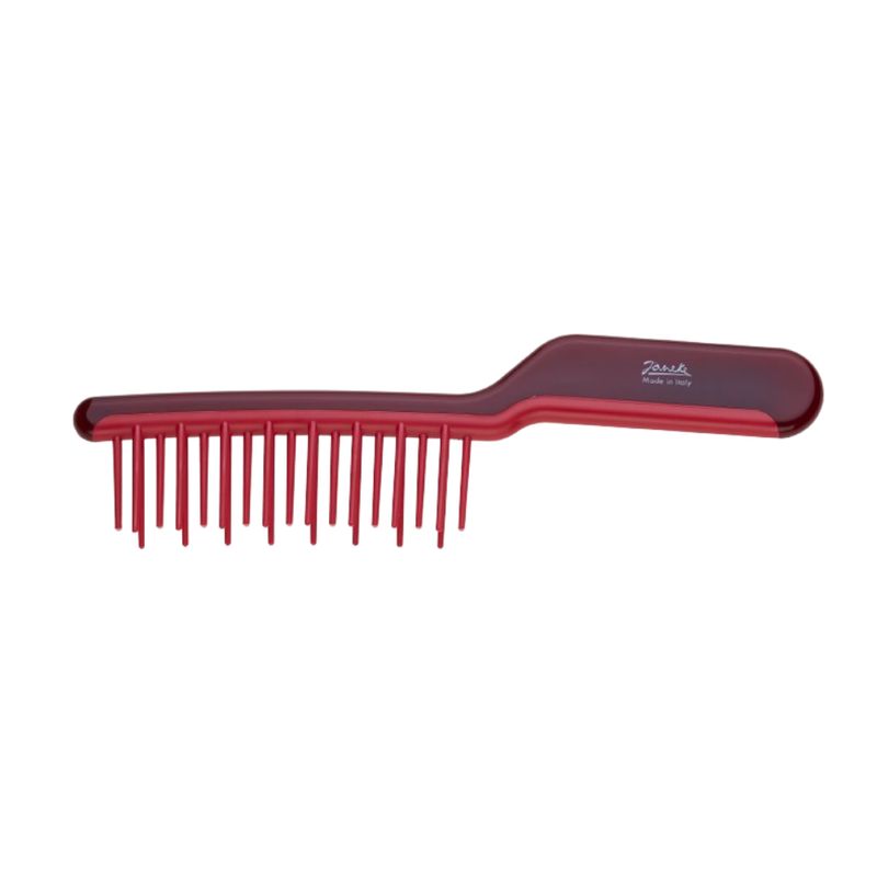 Rote Haarbürste mit Griff und Zinken. Auf dem Griff steht "Janeke Made in Italy".