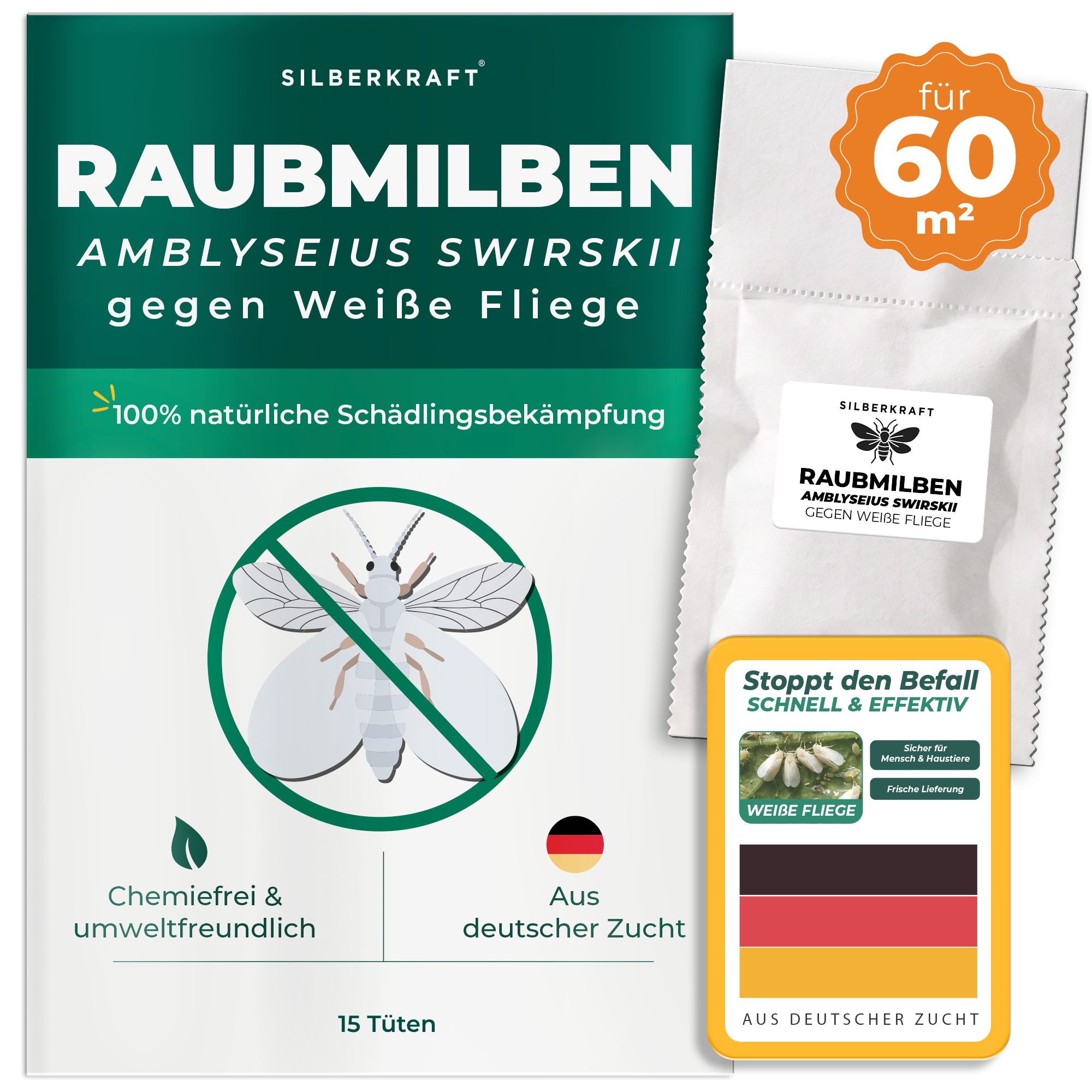 Produktverpackung mit Abbildung einer weißen Fliege im Kreis mit durchgestrichenem Symbol. Beinhaltet eine Tüte und eine Karte mit deutscher Flagge.