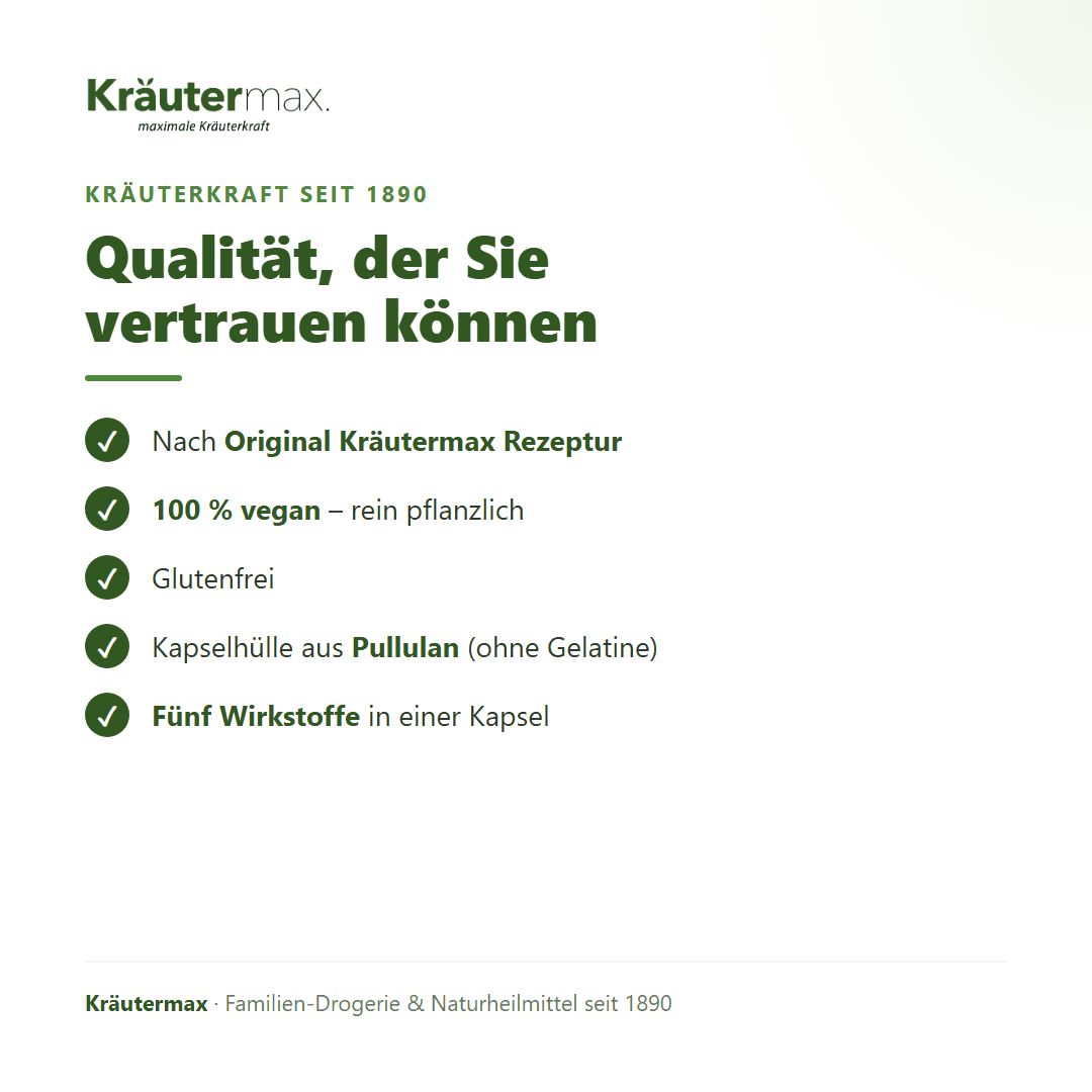 Liste mit Qualitätsmerkmalen von Kräutermax Produkten, z.B. 100% vegan.