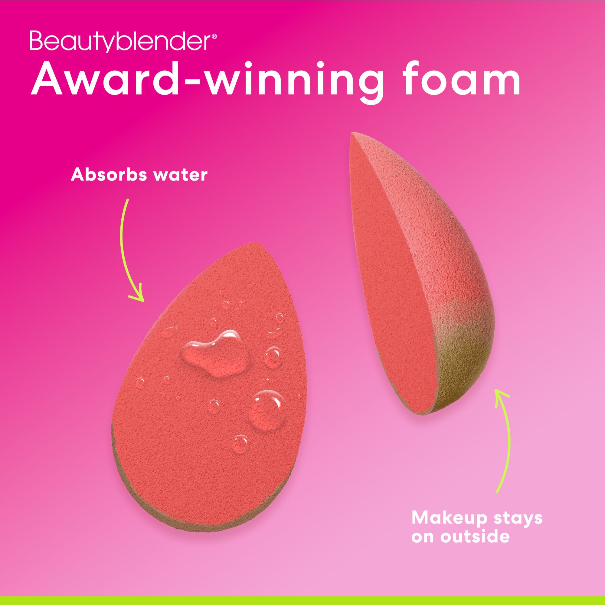 Roter Beautyblender, angeschnitten. Text: "Award-winning foam". Wasser wird absorbiert, Make-up bleibt außen.