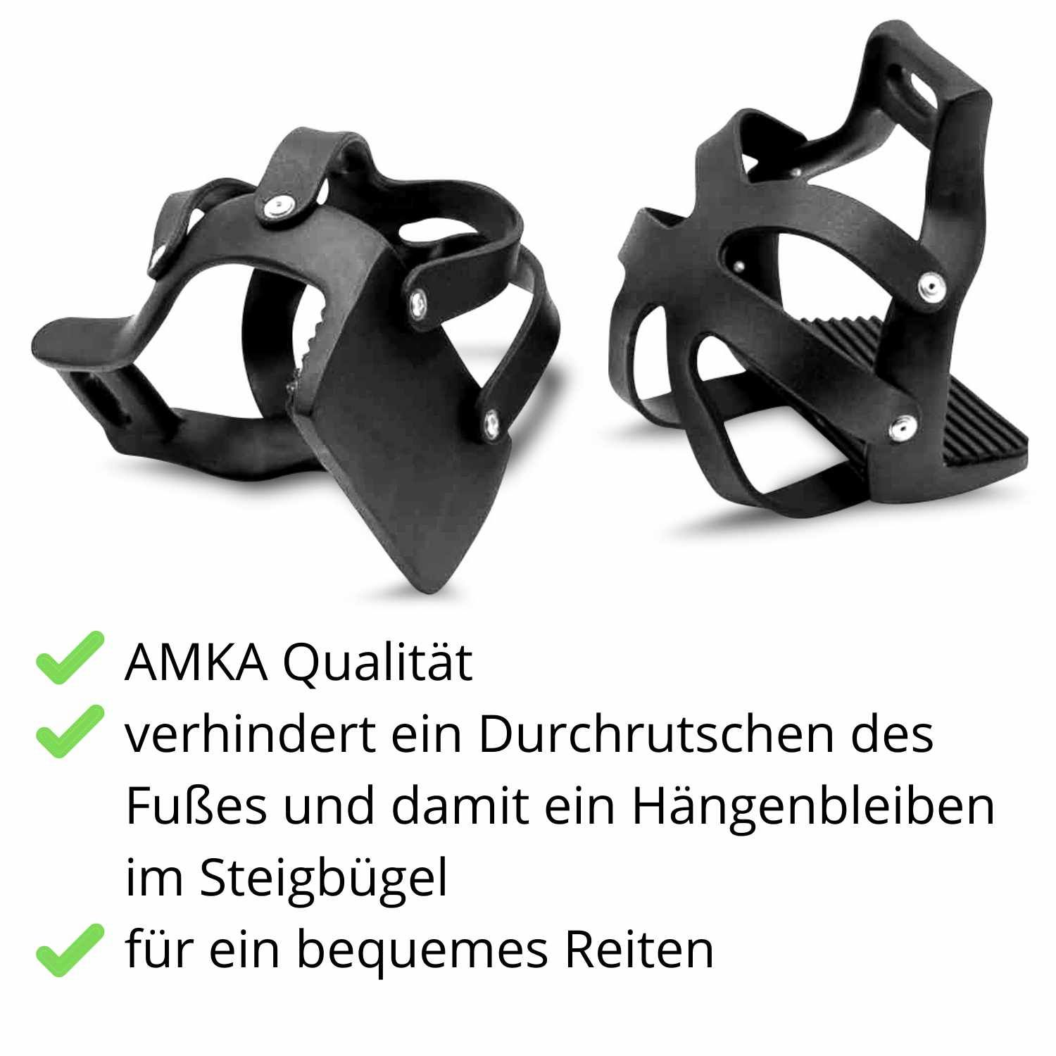 Zwei schwarze Steigbügel mit Korb. Text: AMKA Qualität, verhindert ein Durchrutschen, für ein bequemes Reiten.
