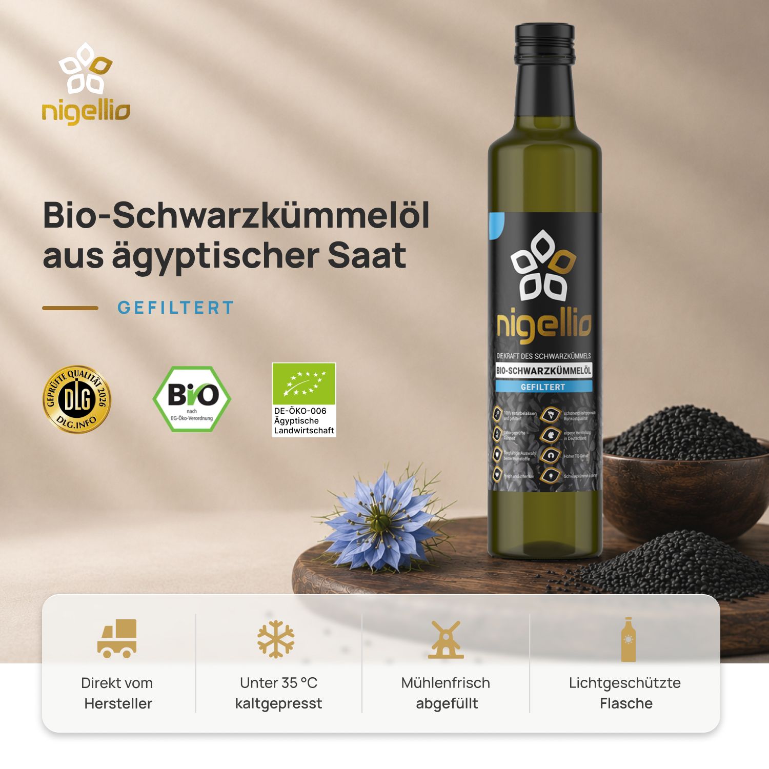 Nigellio Bio-Schwarzkümmelöl gefiltert kaltgepresst aus ägyptischer Nigella sativa
