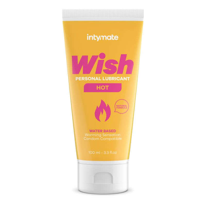 Gelbe Tube mit rosa Aufschrift. Enthält die Aufschrift "Wish Personal Lubricant HOT". Enthält ein Flammen-Symbol und die Aufschrift "Natural Formula".