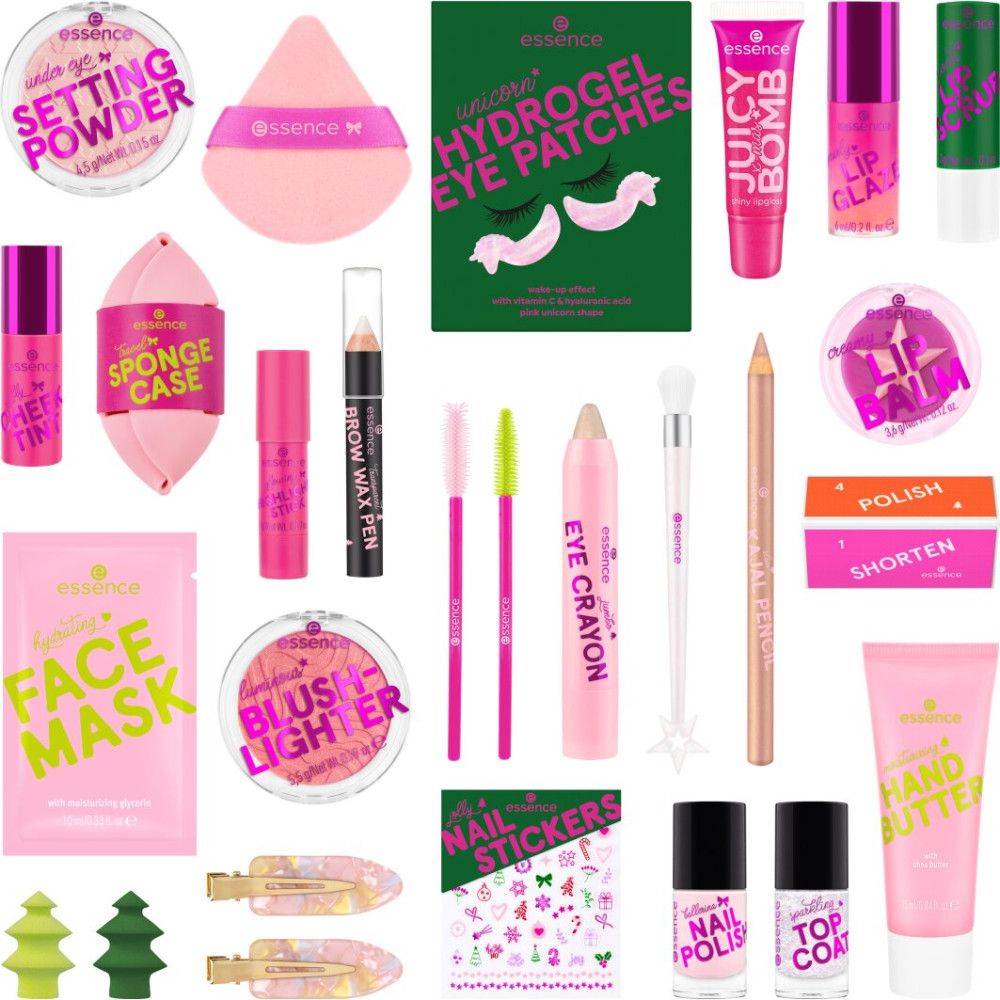 Verschiedene Kosmetikprodukte, darunter Puder, Augenpatches, Lipgloss und Nagellack. Rosa und grüne Elemente.