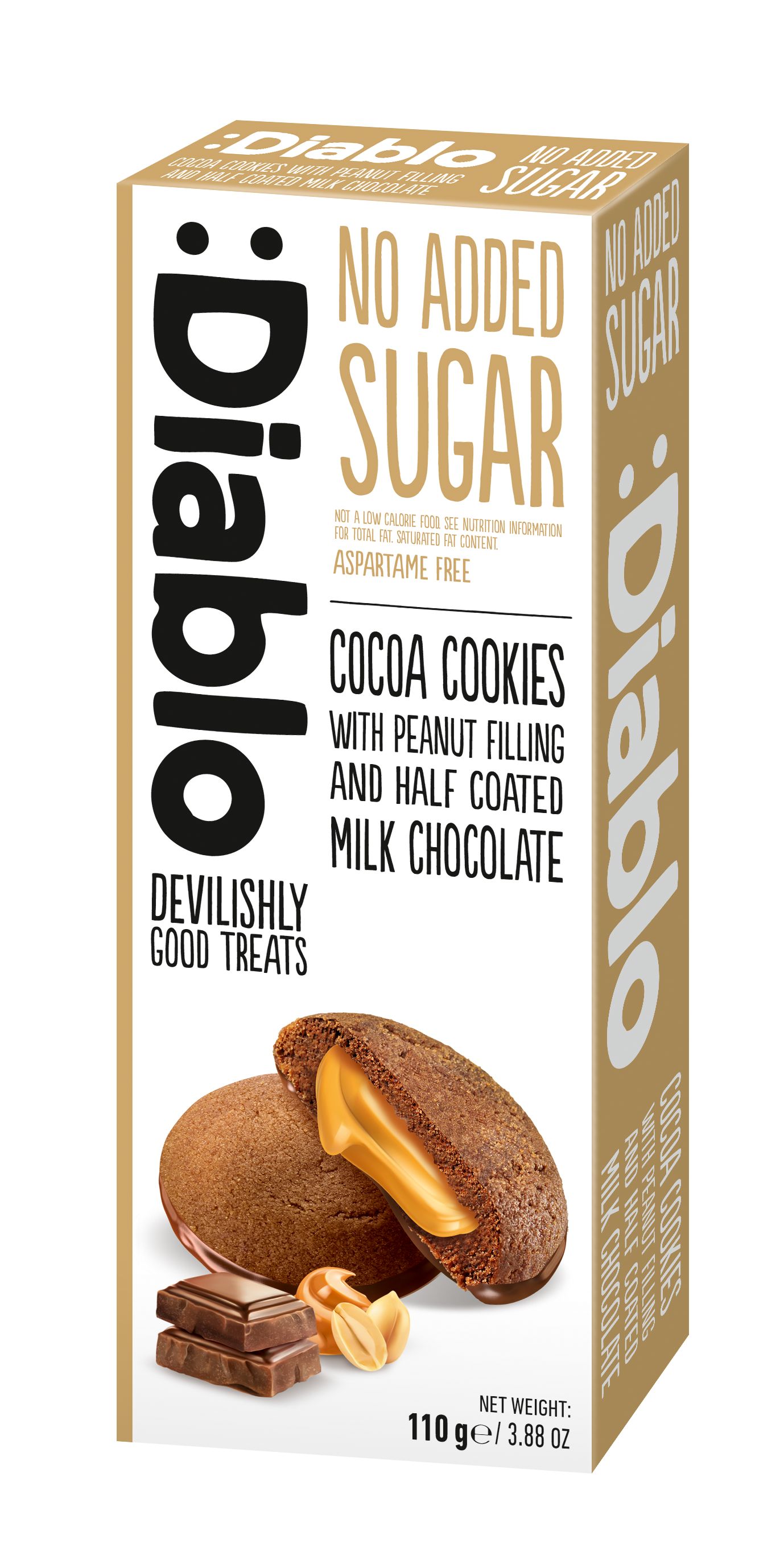 Verpackung mit Diablo-Kakaokeksen mit Erdnussfüllung und Milchschokoladenüberzug. Aspartamfrei. 110g.