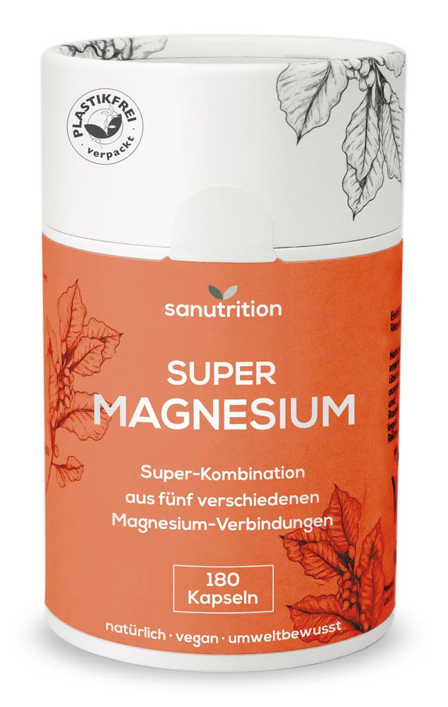 Zylindrische Dose mit "Sanutrition Super Magnesium". Orangefarbener Aufkleber mit Produktinformationen und 180 Kapseln.
