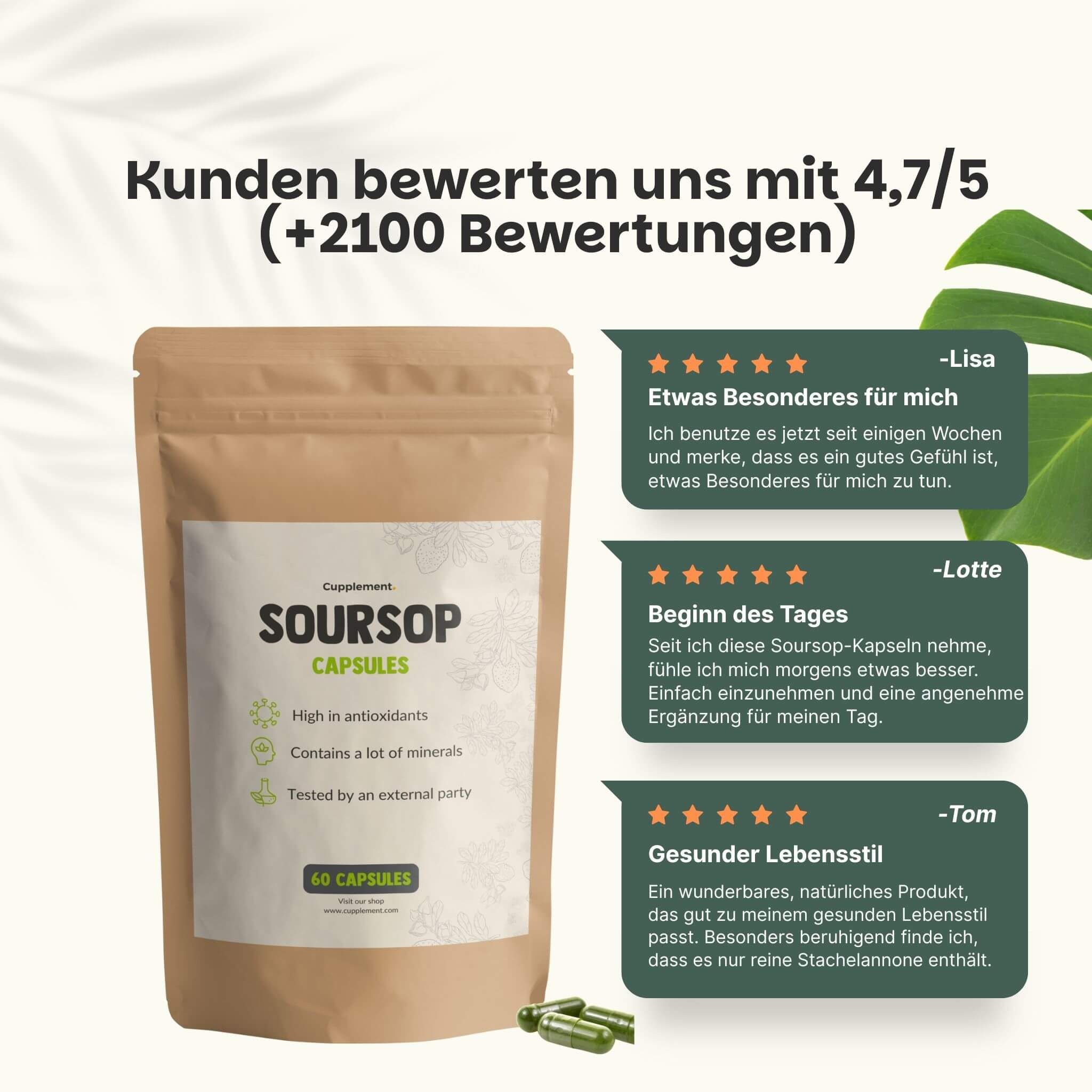 Vergleich von Soursop-Kapseln und anderen Anbietern. Soursop-Kapseln: Kraftbeutel, vegan. Andere: Plastikverpackung.