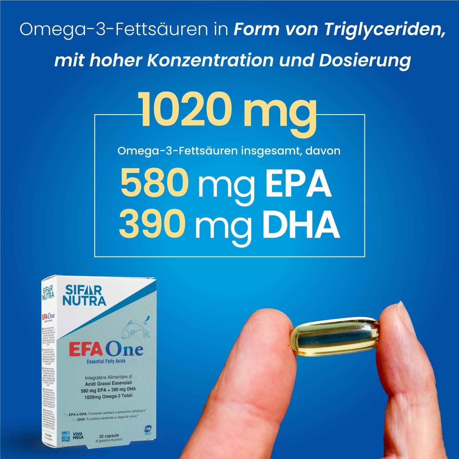 Hand hält eine Kapsel. Daneben Packung Sifar Nutra EFA One. Text: 1020 mg Omega-3, 580 mg EPA, 390 mg DHA.