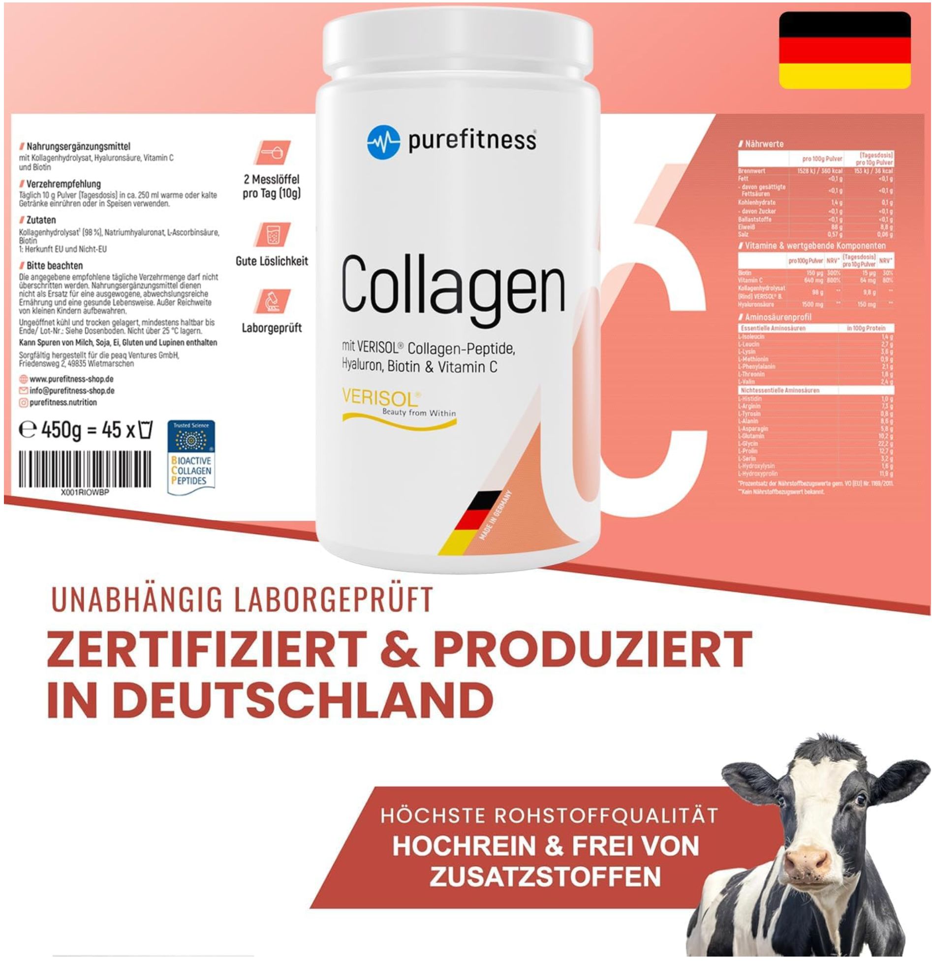 Dose "Collagen" von purefitness, mit Etikett. Text: Zertifiziert & produziert in Deutschland. Höchste Rohstoffqualität, ohne Zusatzstoffe.