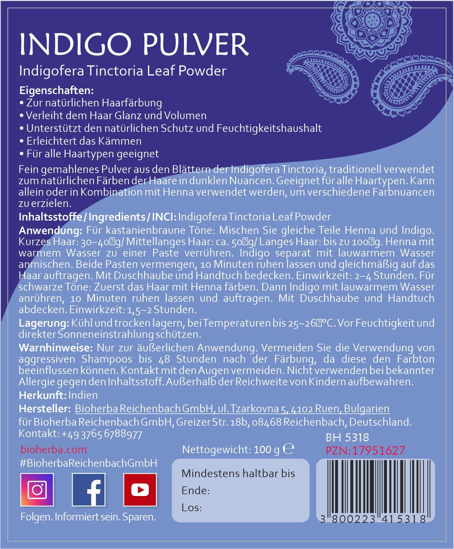 Rückseite des blauen Etiketts. Text: Eigenschaften, Inhaltsstoffe, Anwendung, Warnhinweise. Marke: Bioherba Reichenbach. 100 g. Mindestens haltbar bis.