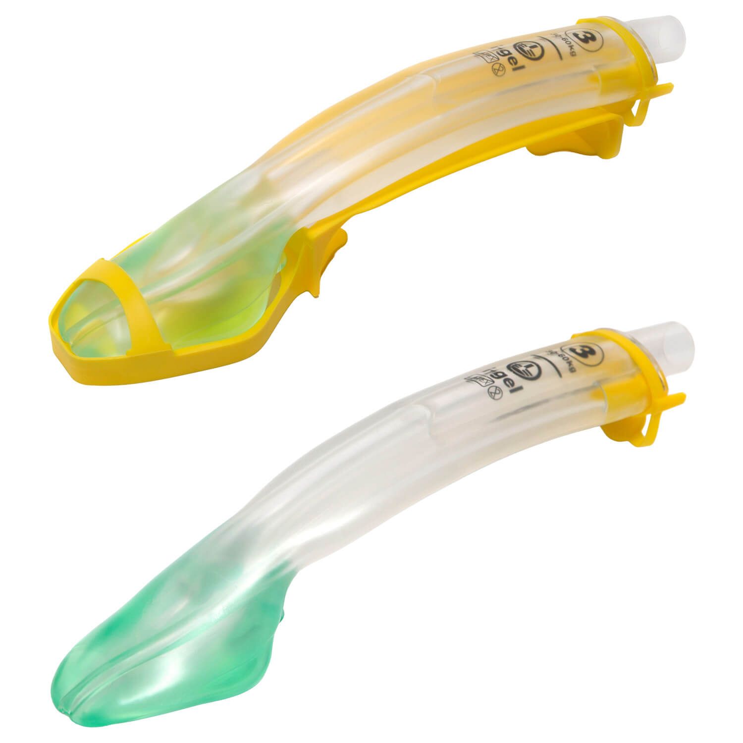 Zwei i-gel Plus Larynxmasken, Größe 3: eine transparent, eine mit gelbem Fixierbügel.