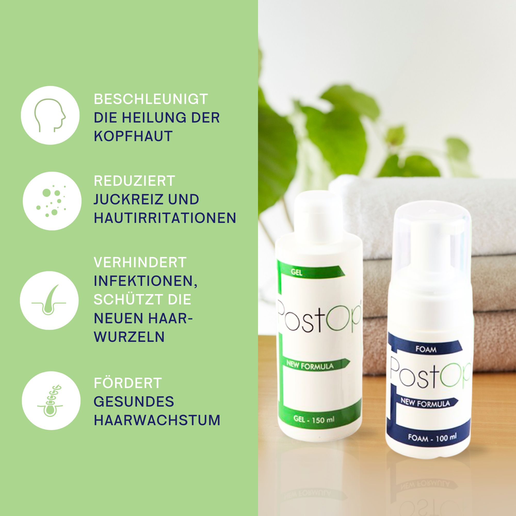 Zwei Flaschen PostOp: Gel und Schaum. Text: Beschleunigt die Heilung. Reduziert Juckreiz. Verhindert Infektionen. Fördert Haarwuchs.