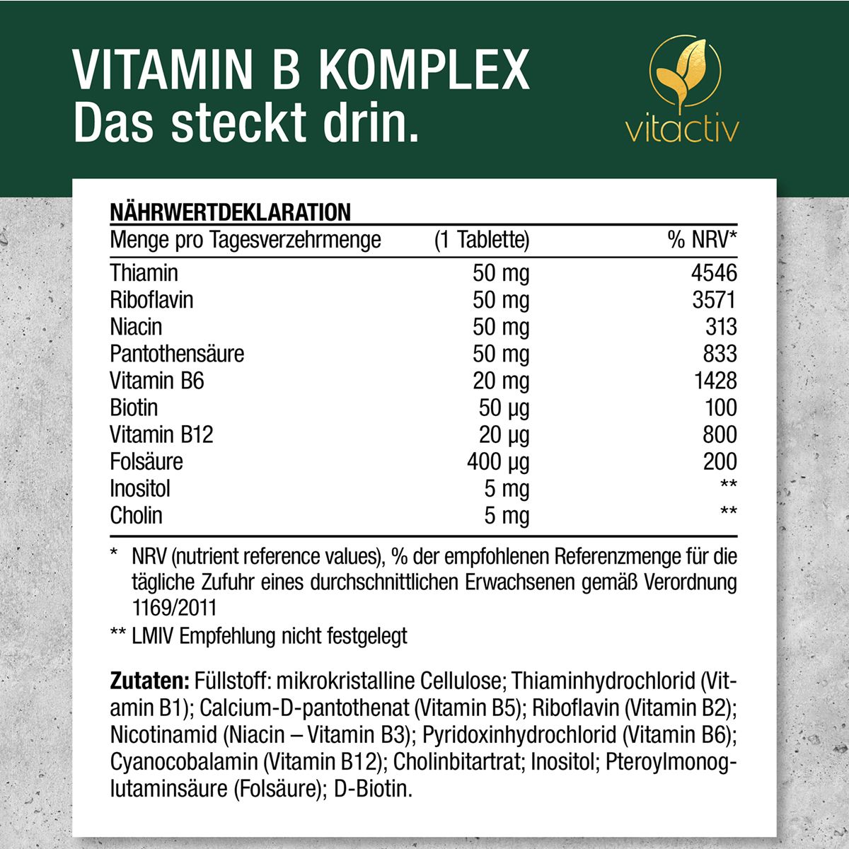 Tabelle mit Nährwertinformationen für Vitamin B Komplex. Enthält Angaben zu Vitaminen und Mengen. Marke: Vitactiv.