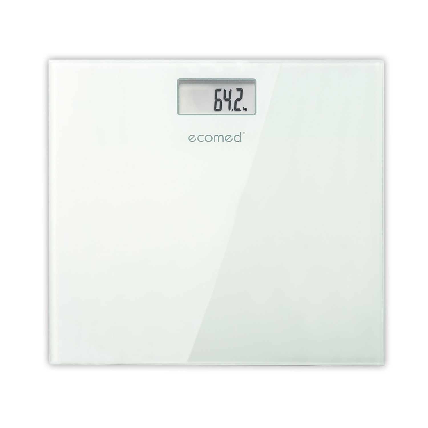 Weiße Personenwaage mit digitaler Anzeige. Die Anzeige zeigt 64,2 kg. Das Logo "ecomed" ist sichtbar.