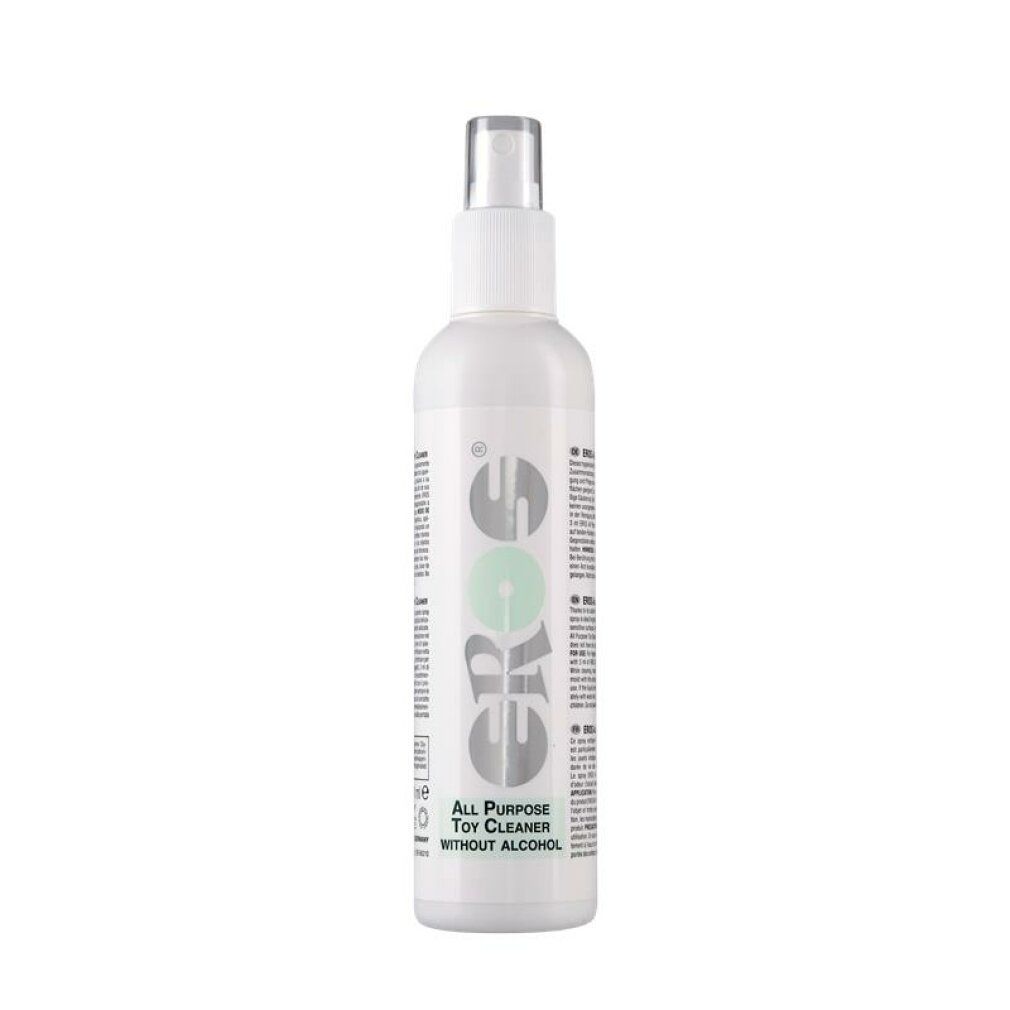 Weiße Sprühflasche mit "EROS"-Logo und Text "All Purpose Toy Cleaner without alcohol".
