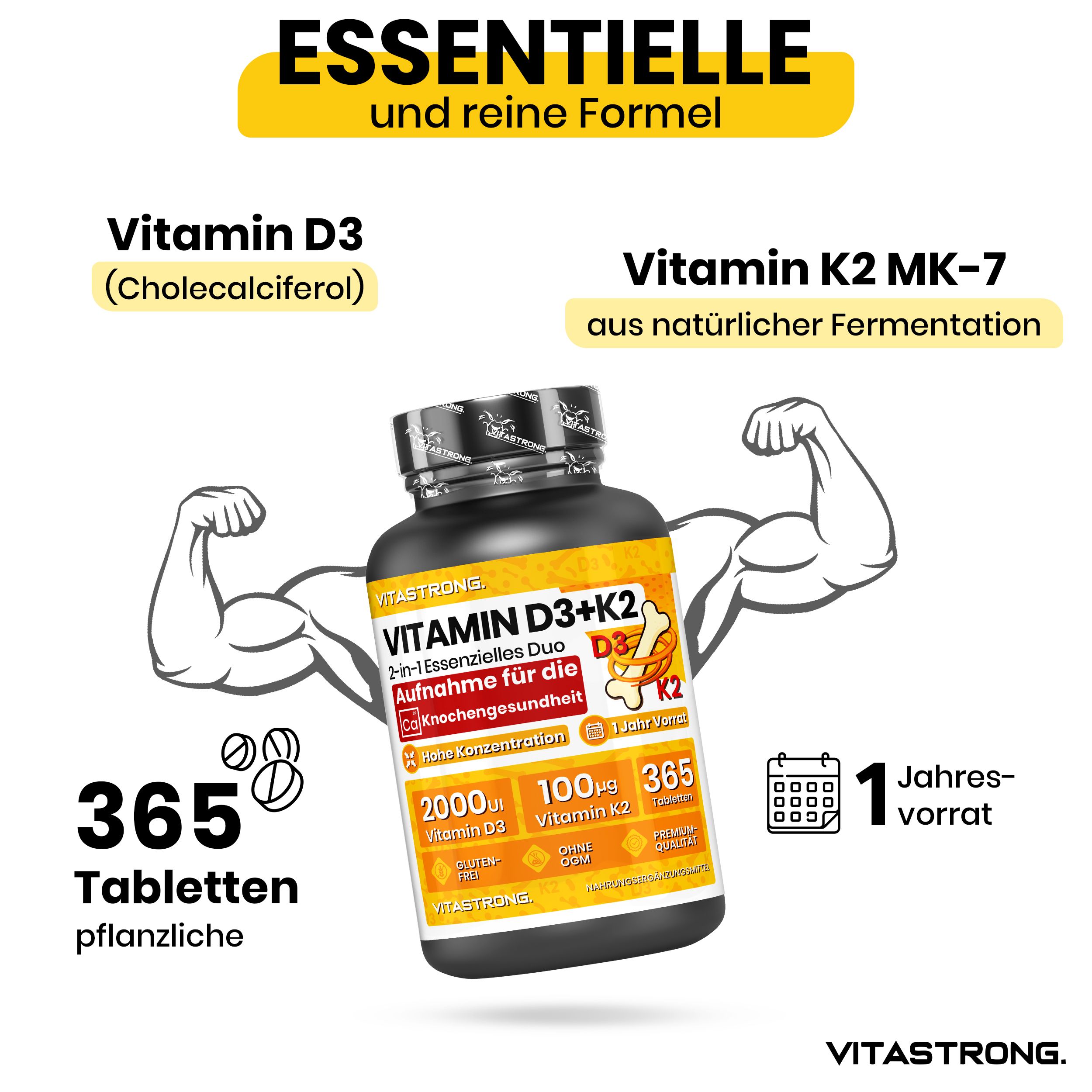 Gelber Hintergrund mit Flasche Vitastrong Vitamin D3 + K2. Text: 365 Tabletten, 2000 UI D3, 100 µg K2. Muskel-Illustration.