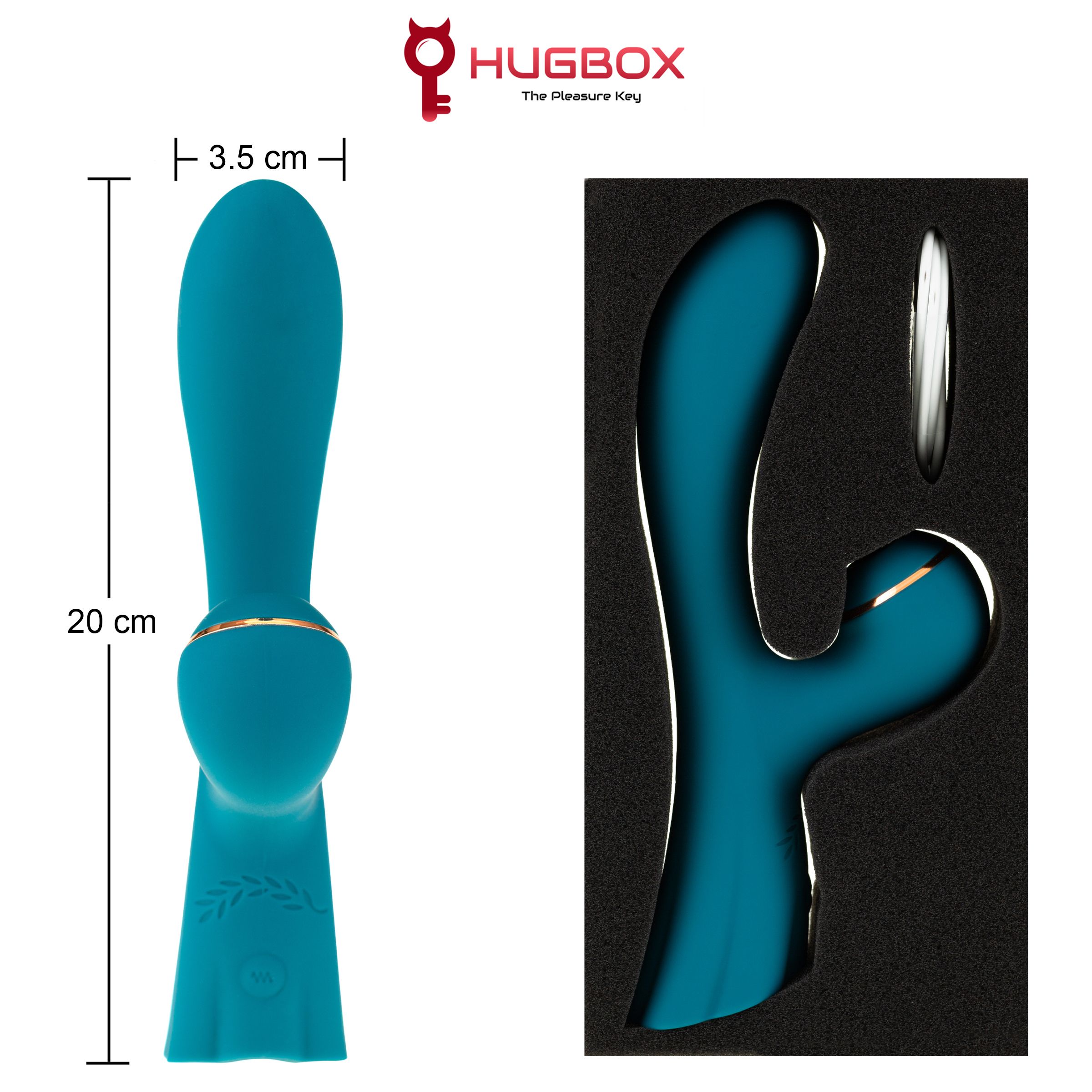 Wellness-Produkt in Verpackung. Türkis, goldfarbene Akzente. Maße: 20 cm hoch, 3,5 cm breit. Marke: HUGBOX.