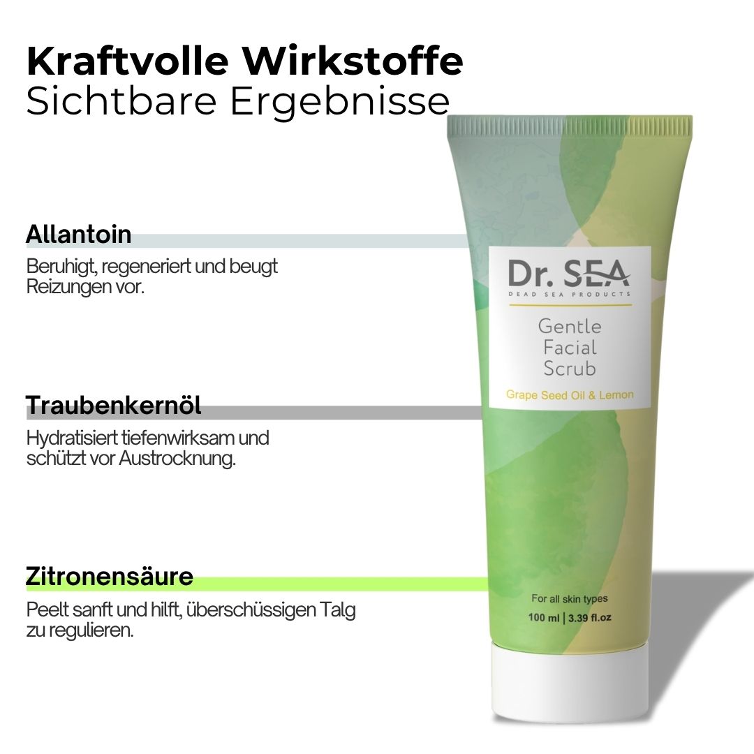 Tube mit Gesichtspeeling. Text: Kraftvolle Wirkstoffe, sichtbare Ergebnisse. Inhaltsstoffe: Allantoin, Traubenkernöl, Zitronensäure.