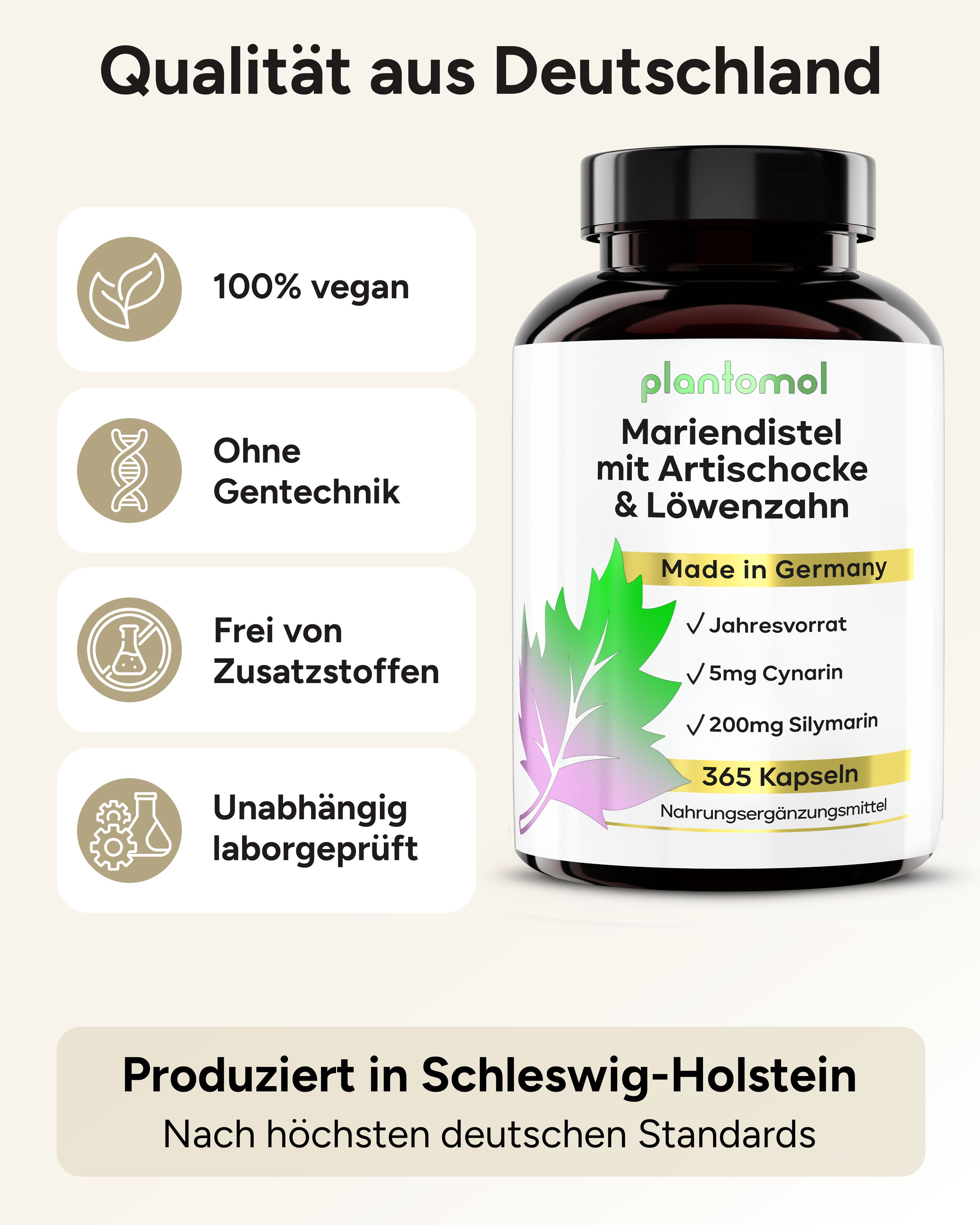 Produktflasche plantomol® Mariendistel mit Artischocke & Löwenzahn. 100% vegan, ohne Gentechnik, frei von Zusatzstoffen, laborgeprüft.