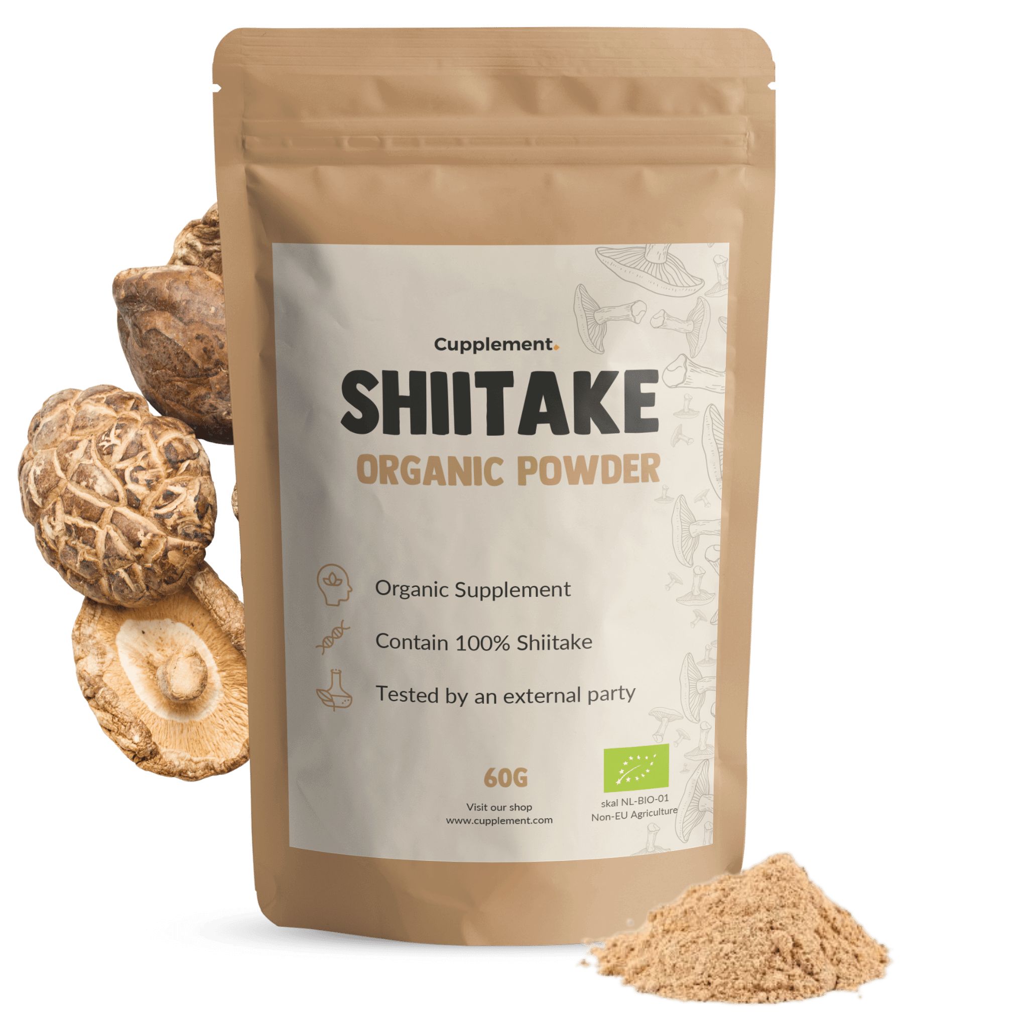 Braune Tüte mit Shiitake-Pulver. Text: Shiitake Organic Powder, 60g. Bio-Siegel. Shiitake-Pilze daneben.