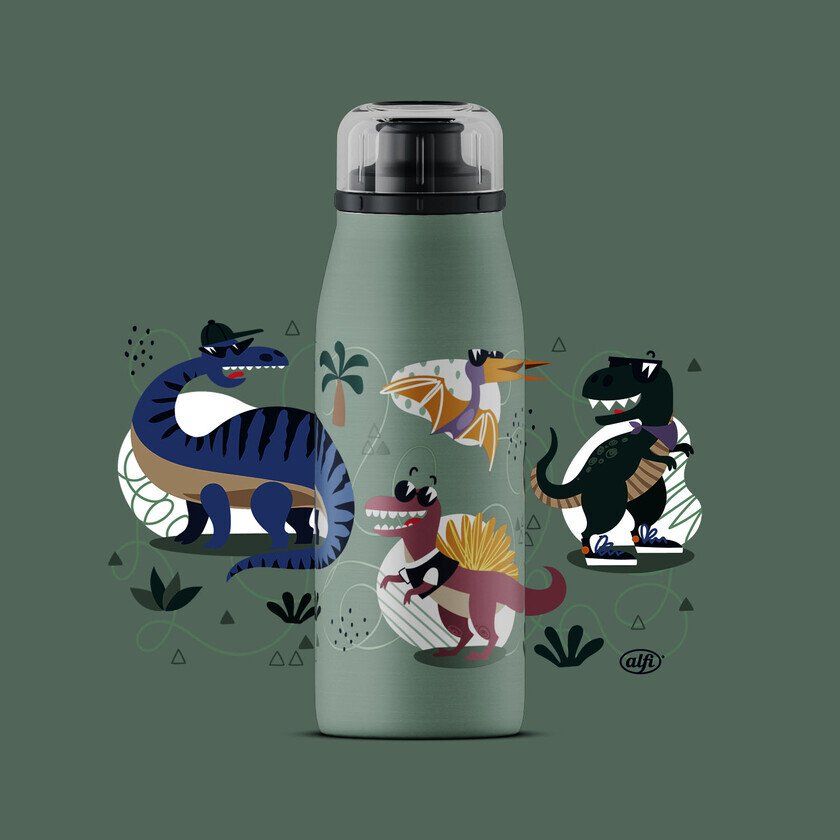 Isolierflasche mit Dinosaurier-Motiven. Grün, mit schwarzem Deckel. Mehrere Dino-Illustrationen, Markenlogo.