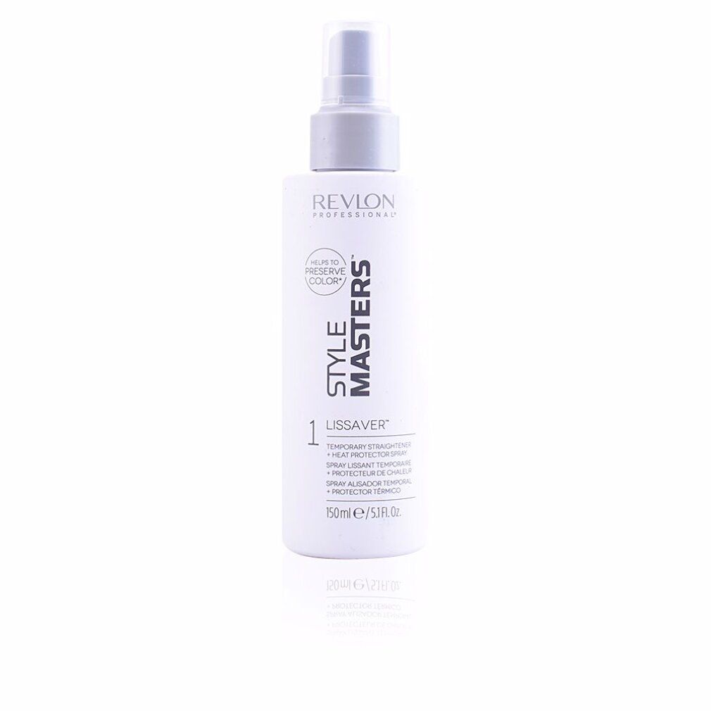 Weißes Sprayflasche mit grauem Sprühkopf. Beschriftung: Revlon Professional, Style Masters, Lissaver, 150ml.