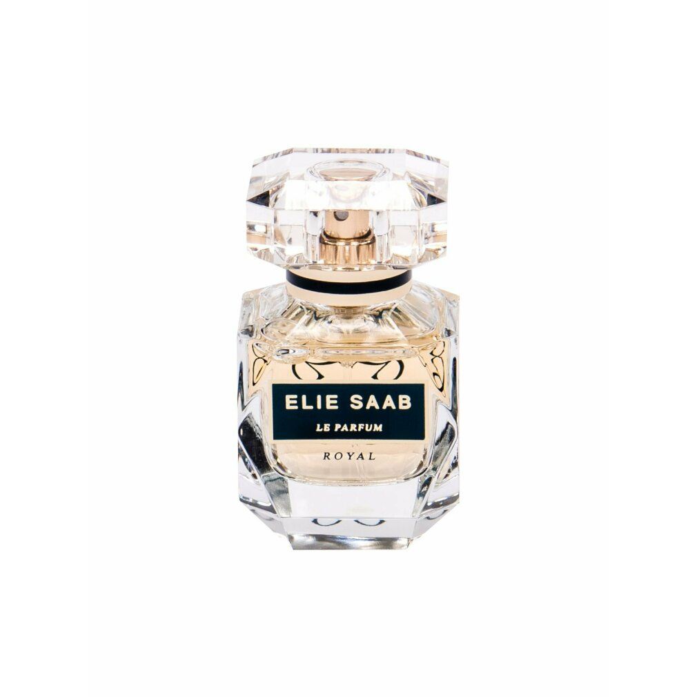 Parfümflakon mit goldfarbener Flüssigkeit. Klarer, facettierter Deckel. Aufschrift: ELIE SAAB ROYAL.