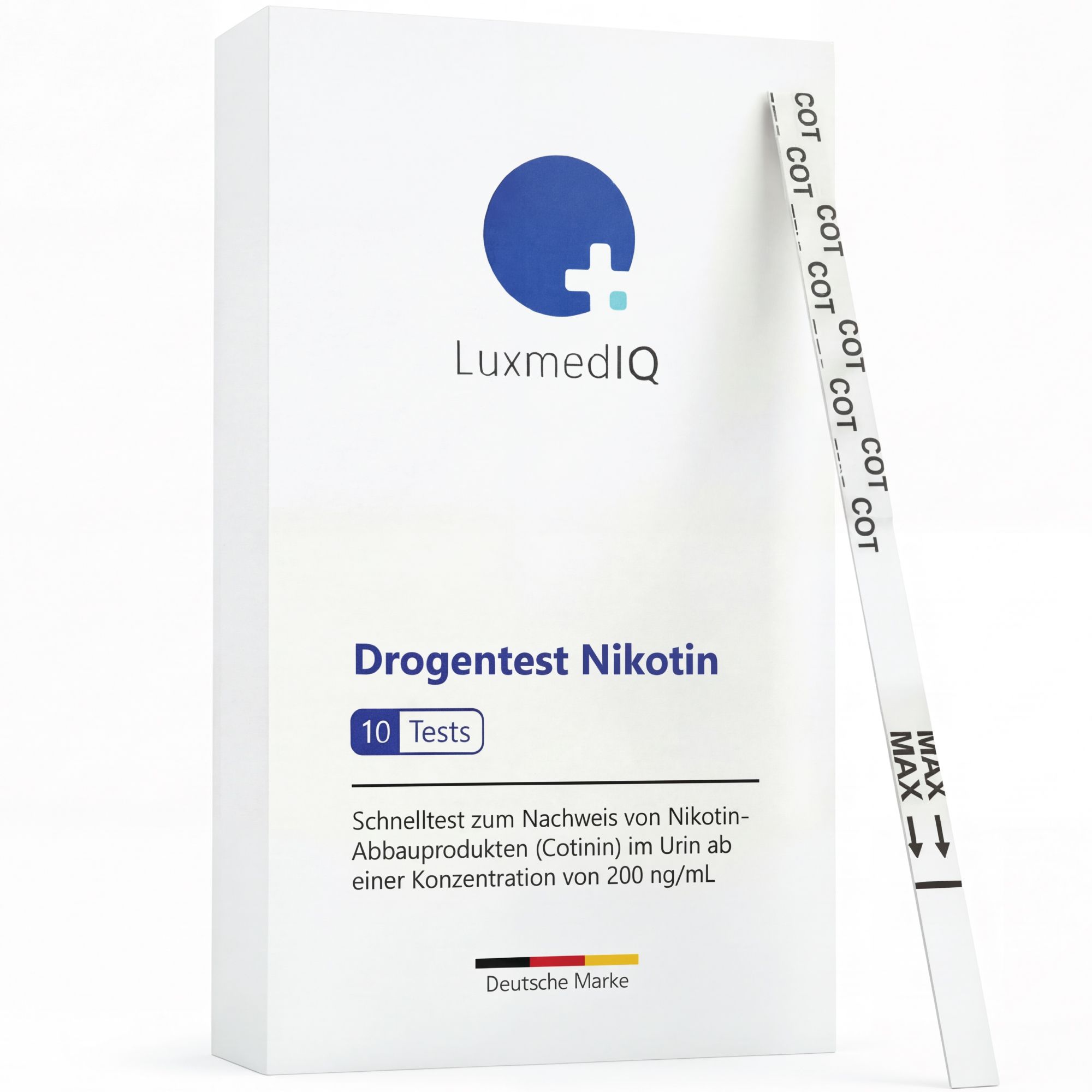 LuxmedIQ Drogentest Nikotin, 10 Tests. Teststreifen und Packung. Deutsche Marke. Teststreifen mit Markierungen.