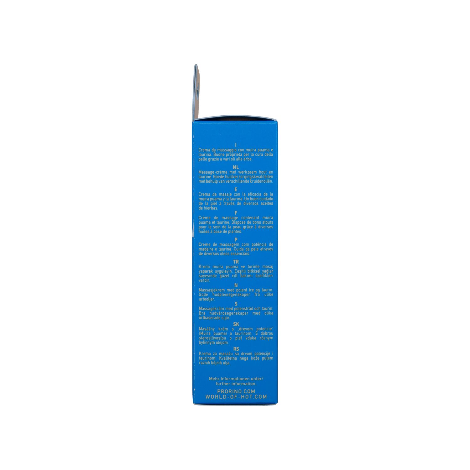 Blaue Verpackung mit Text in mehreren Sprachen. Enthält Produktinformationen.