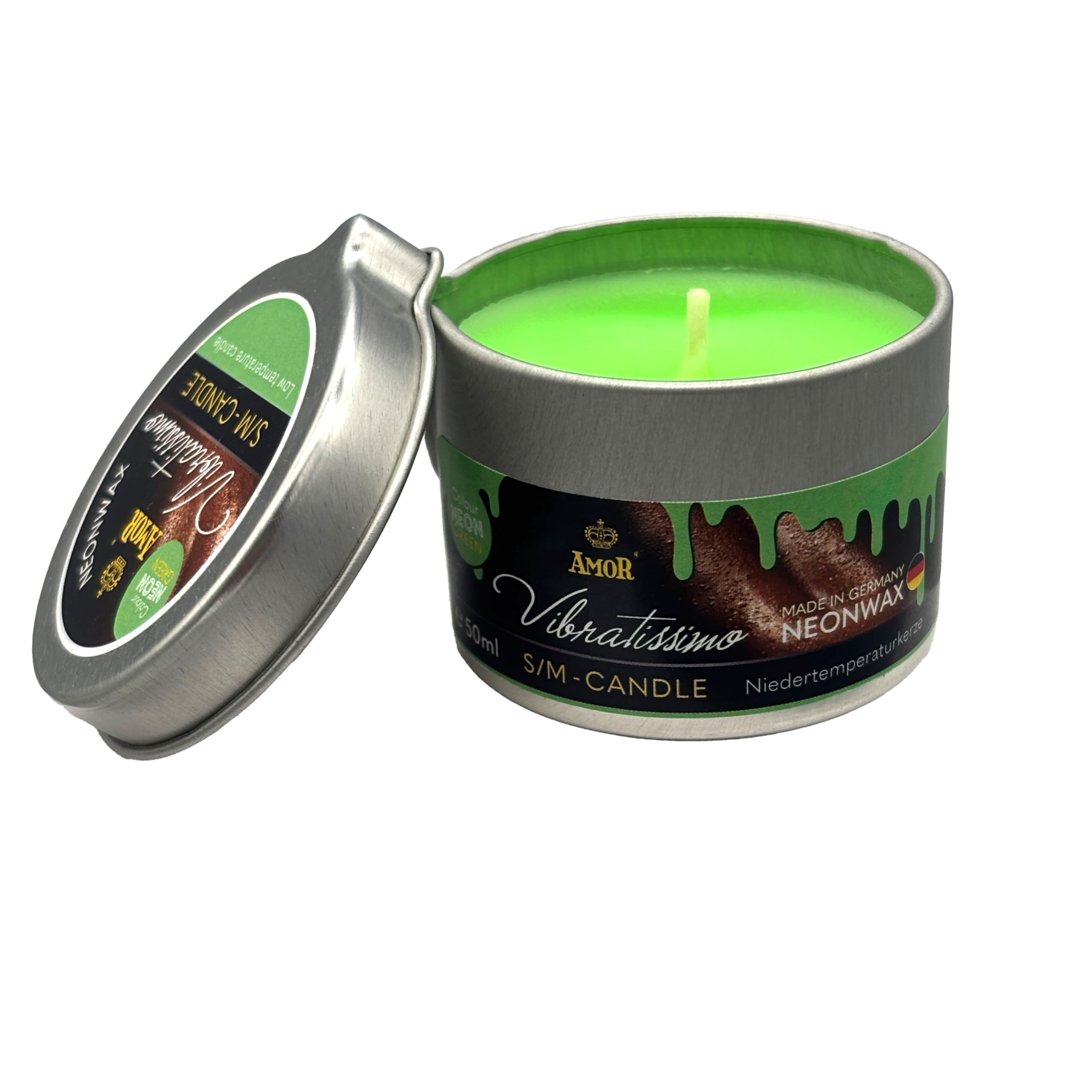 Grüne Kerze in Metalldose, Marke AMOR, VIBRATISSIMO S/M-CANDLE NEONWAX.