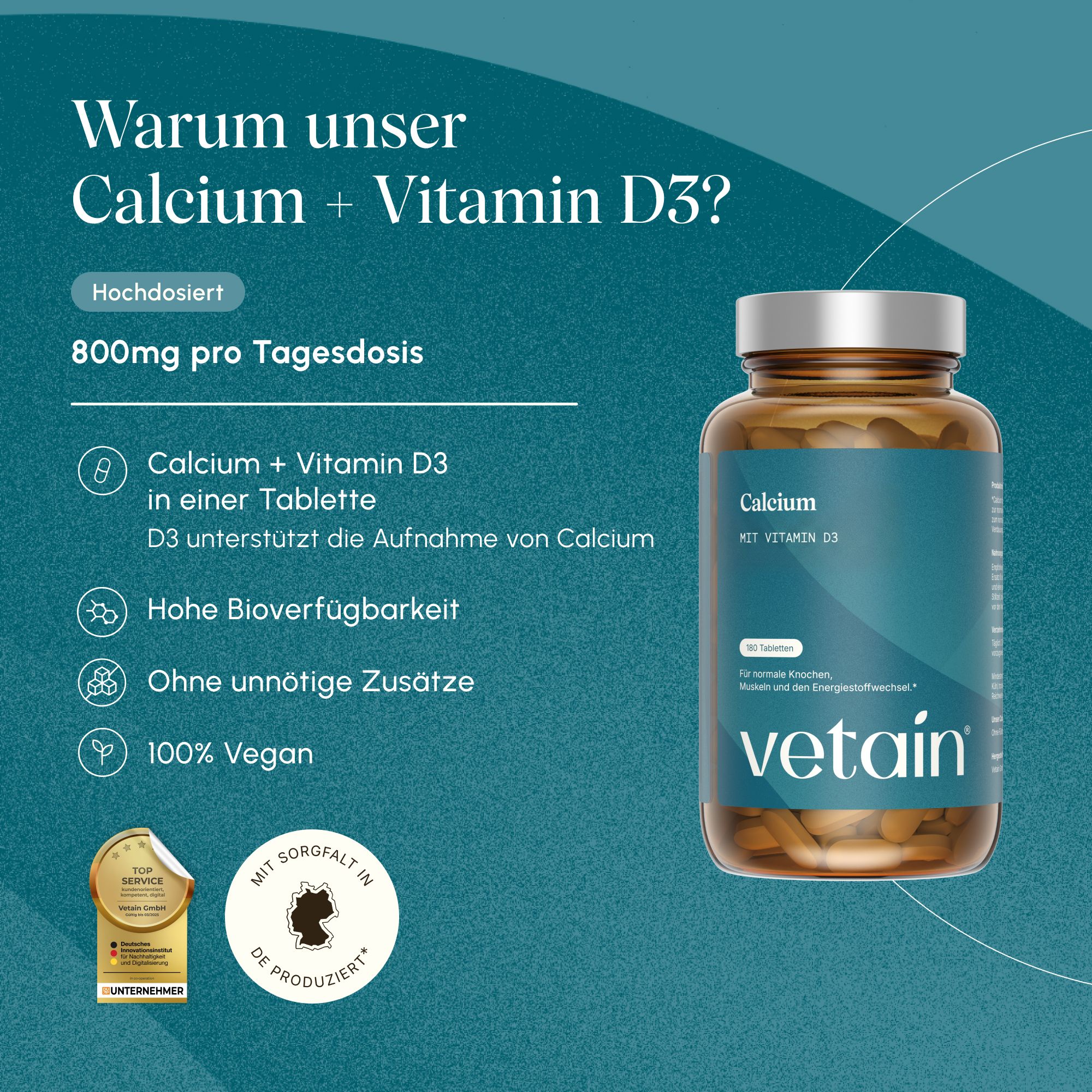 VETAIN Calcium + Vitamin D3 Flasche mit Vorteilen und Siegeln.