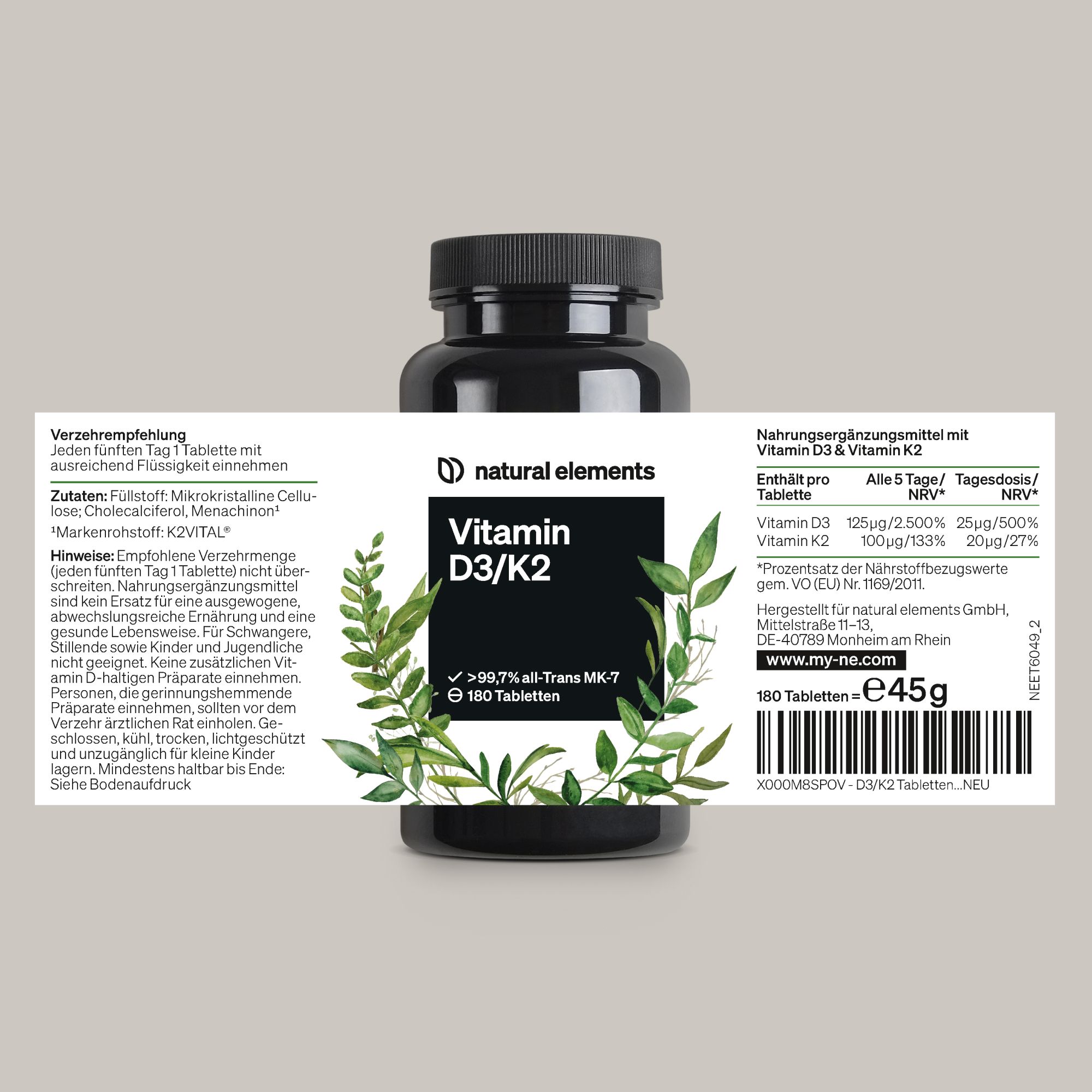 Schwarze Flasche mit Etikett. Enthält "natural elements" und "Vitamin D3/K2". Rückseite mit Nährwertangaben und Inhaltsstoffen.