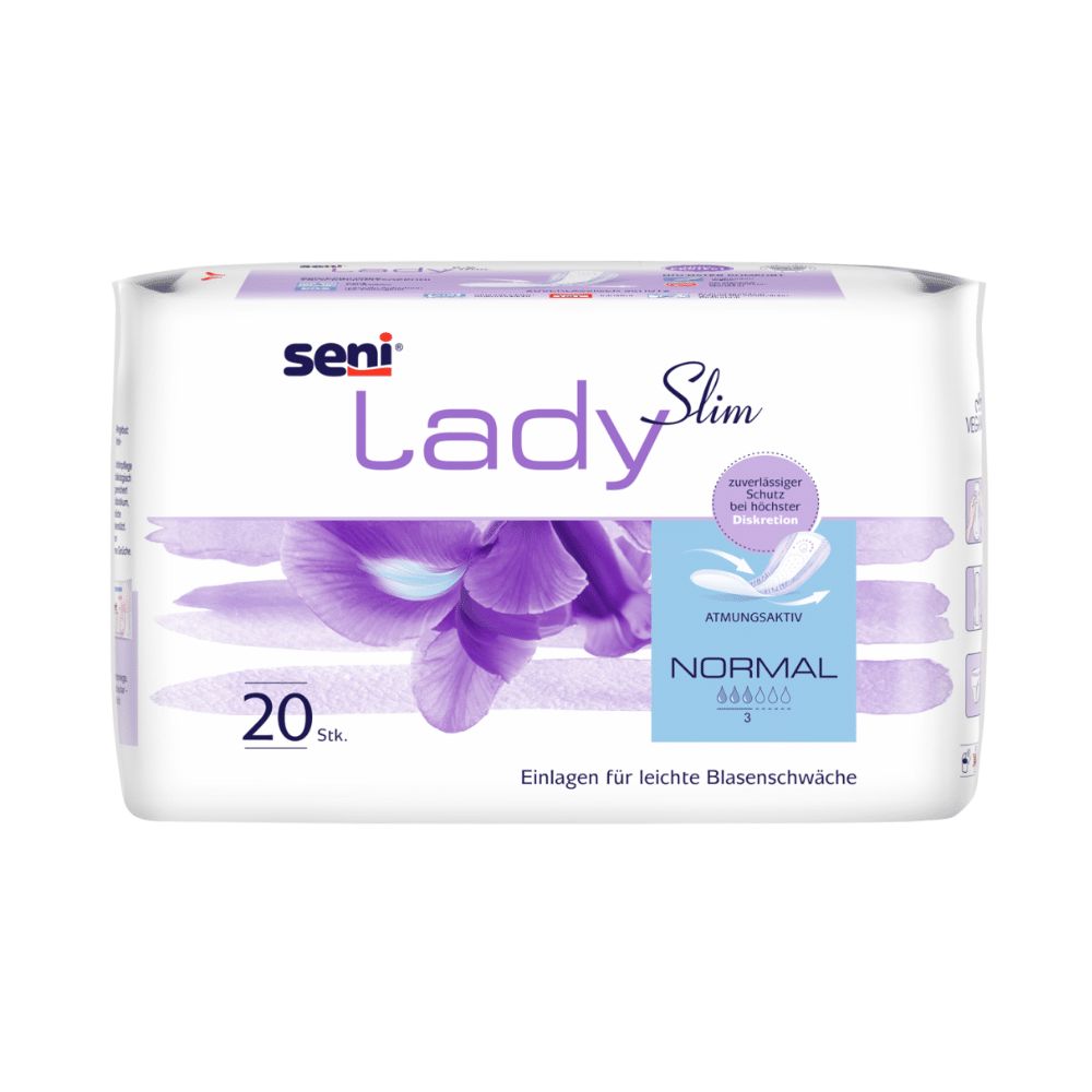 Verpackung Seni Lady Slim Normal. 20 Stück. Aufdruck: Lady, Slim, Normal, atmungsaktiv. Für leichte Blasenschwäche.