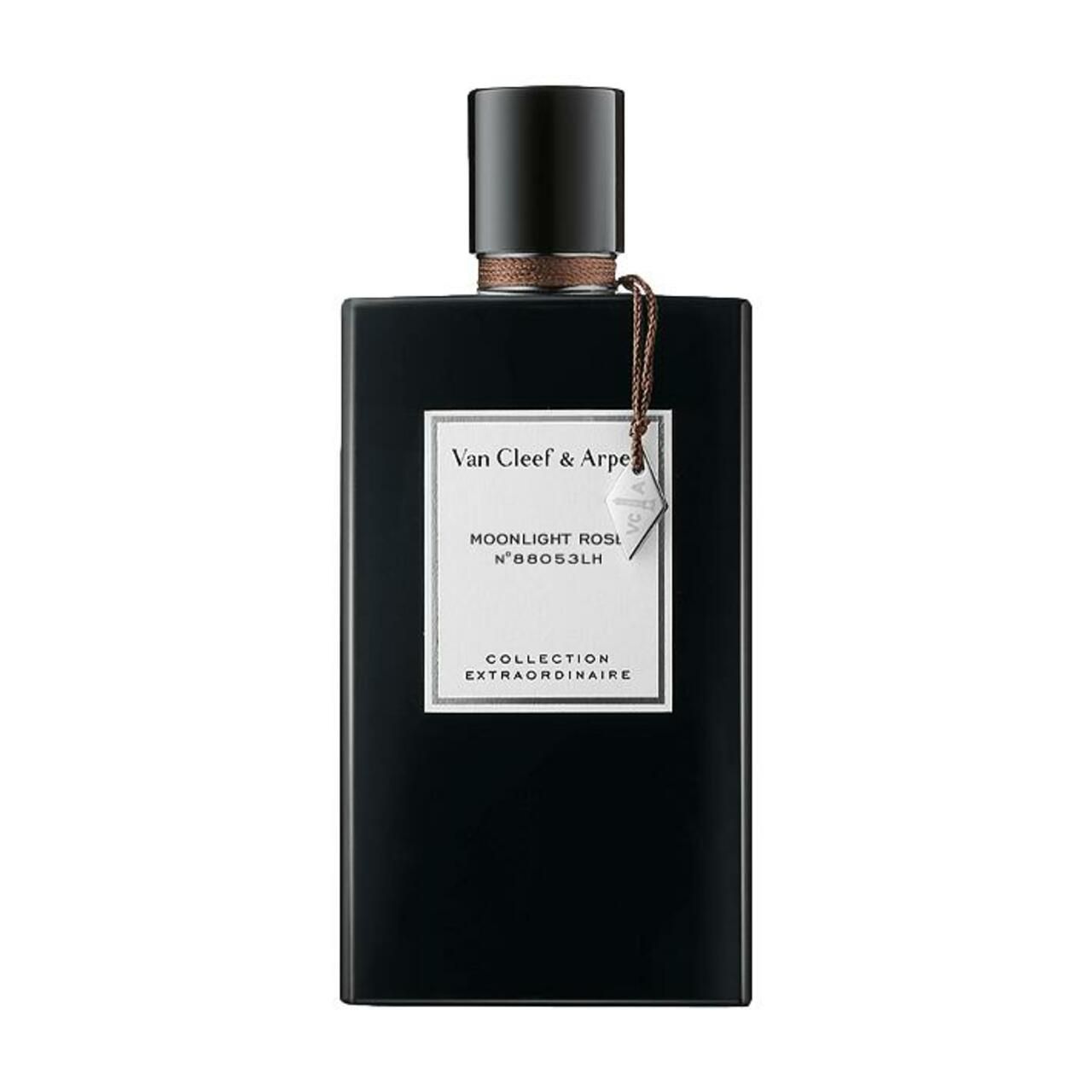 Schwarzer Flakon mit Etikett. Aufschrift: Van Cleef & Arpels, Moonlight Rose, Collection Extraordinaire. Anhänger mit Logo.