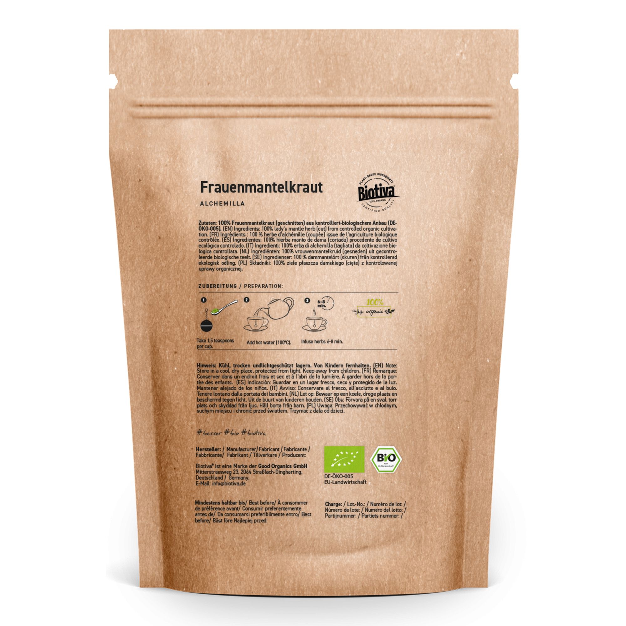 Braune Papiertüte mit Aufdruck. Text: Frauenmantelkraut, Biotiva, Zutatenliste, Zubereitungshinweise, Bio-Siegel.