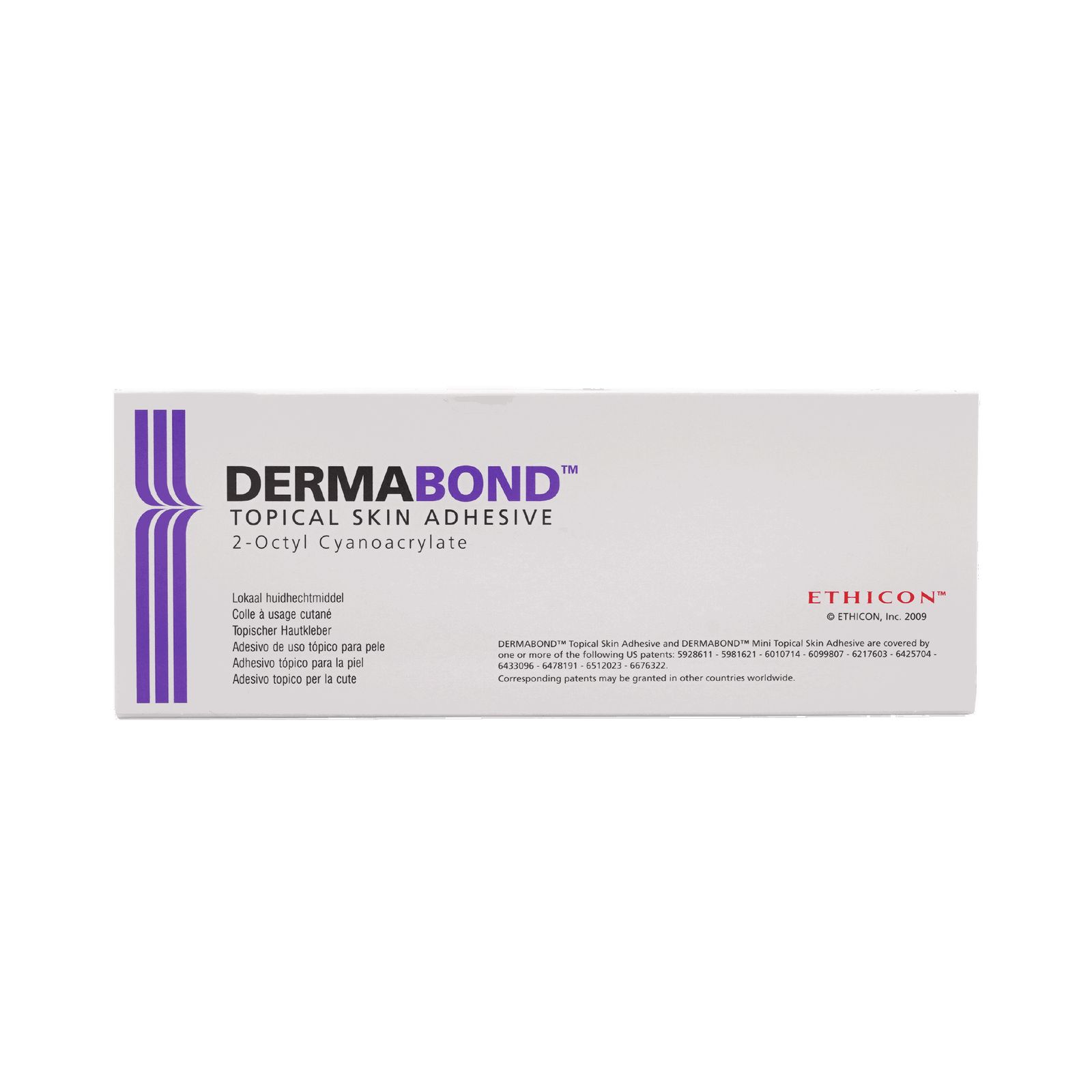 Verpackung von Dermabond, topischer Hautkleber. Weiß mit lila Akzenten und Schriftzug. Enthält Produktinformationen.