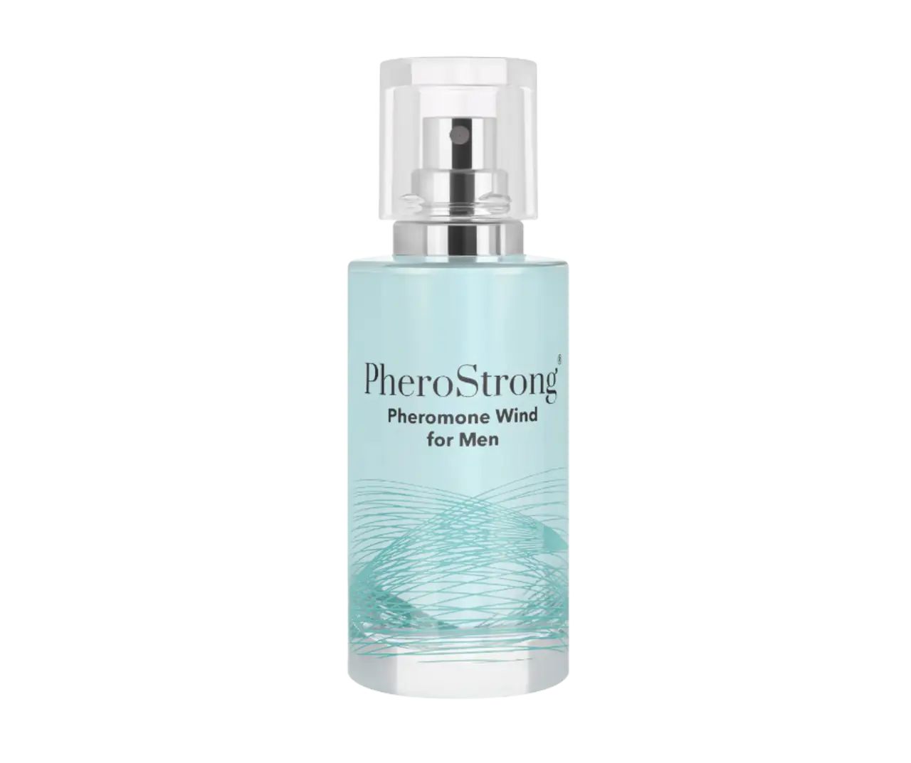 Hellblaues Flakon mit Zerstäuber. Aufschrift: PheroStrong Pheromone Wind für Männer. Wellenmuster.